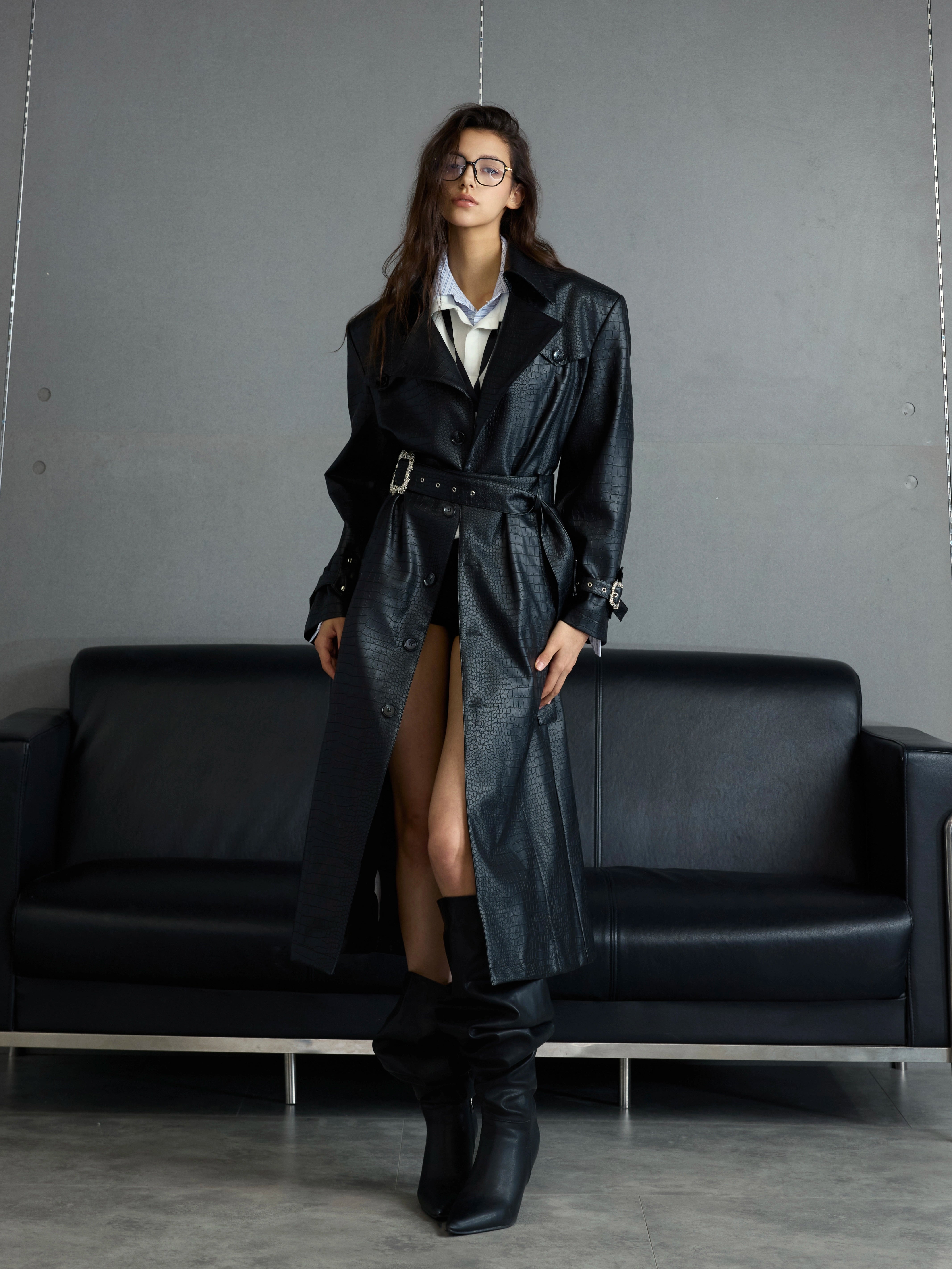 Crocodile Pattern Black Trench Coat