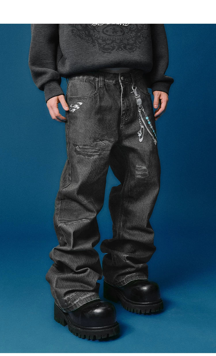 Chain Print Distressed Wide Leg Jeans