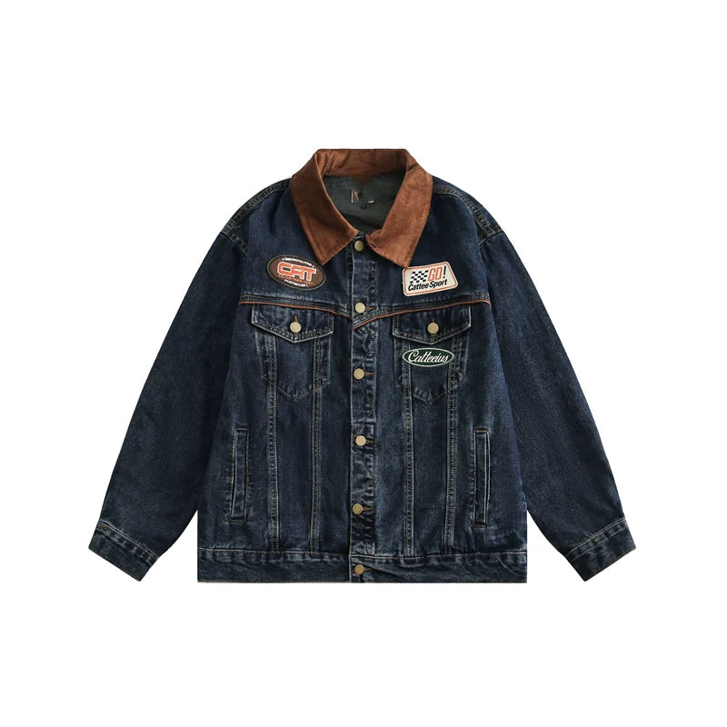 Racing Patch Denim Jacket with Corduroy Collar