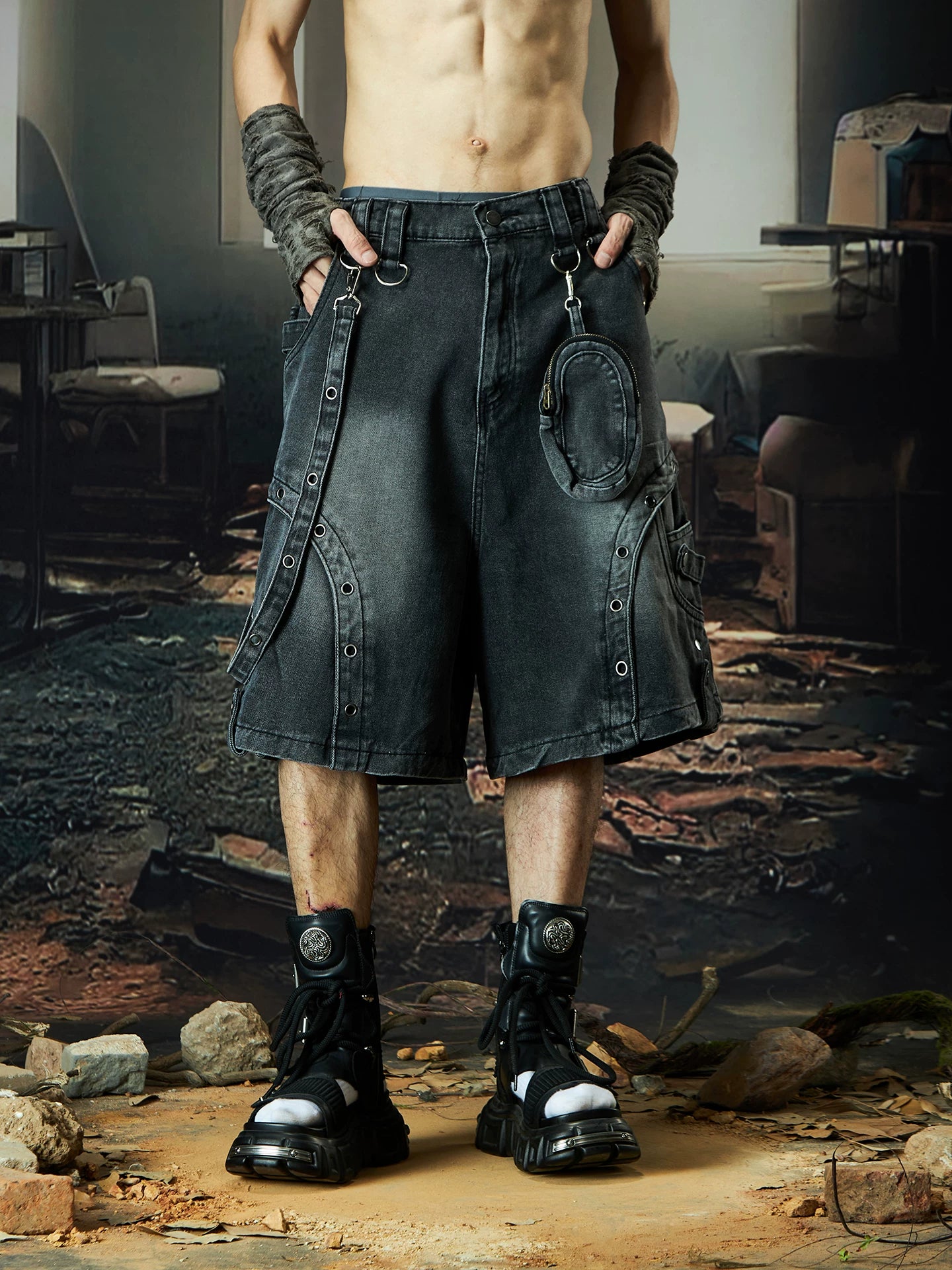 Wasteland Harness Cargo Denim Shorts