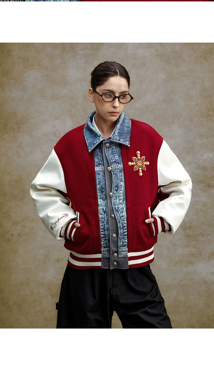 Denim Panel Embroidered Varsity Bomber Jacket