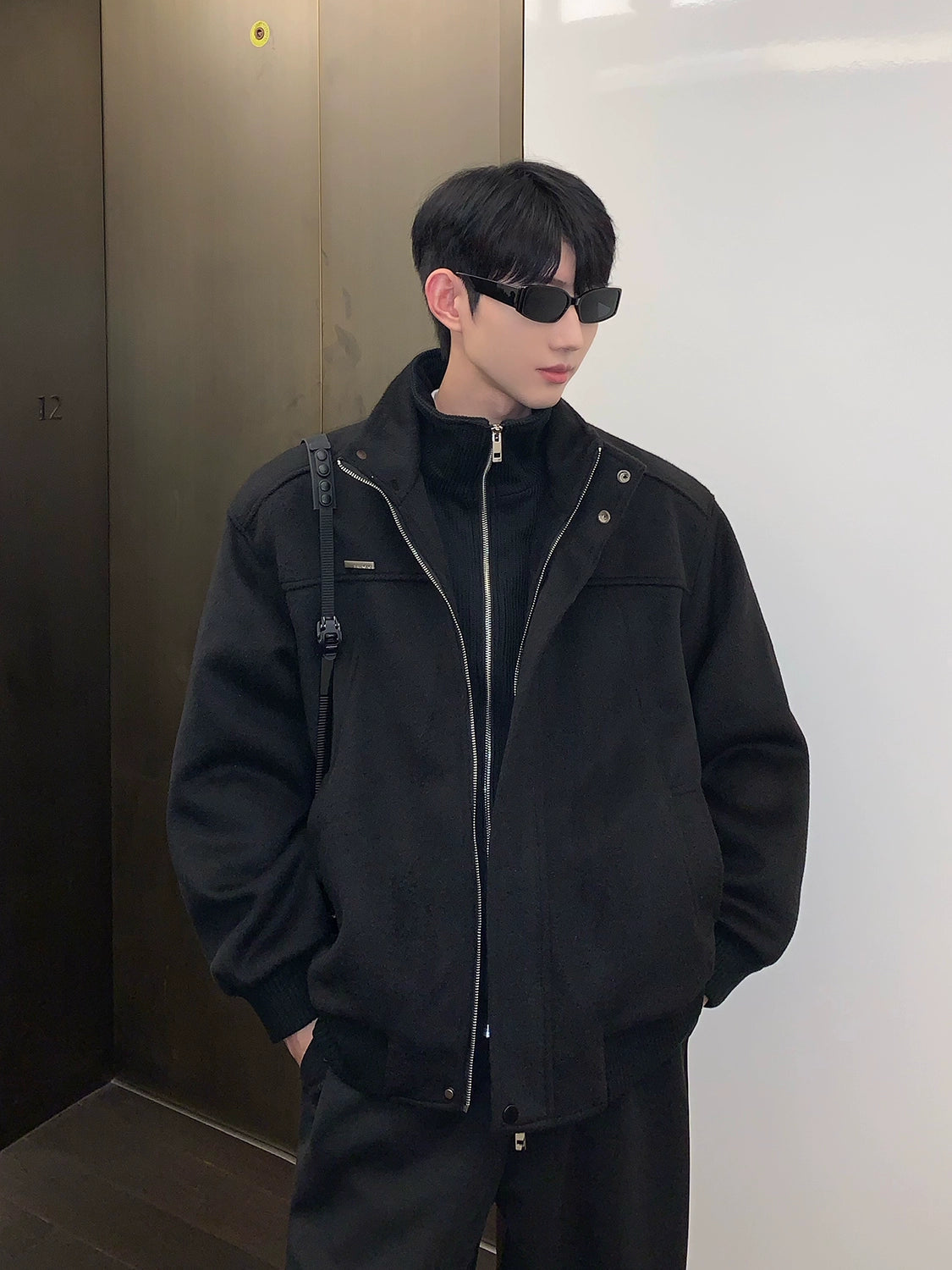Bomber Jacket with Stand Collar and Ribbed Cuffs