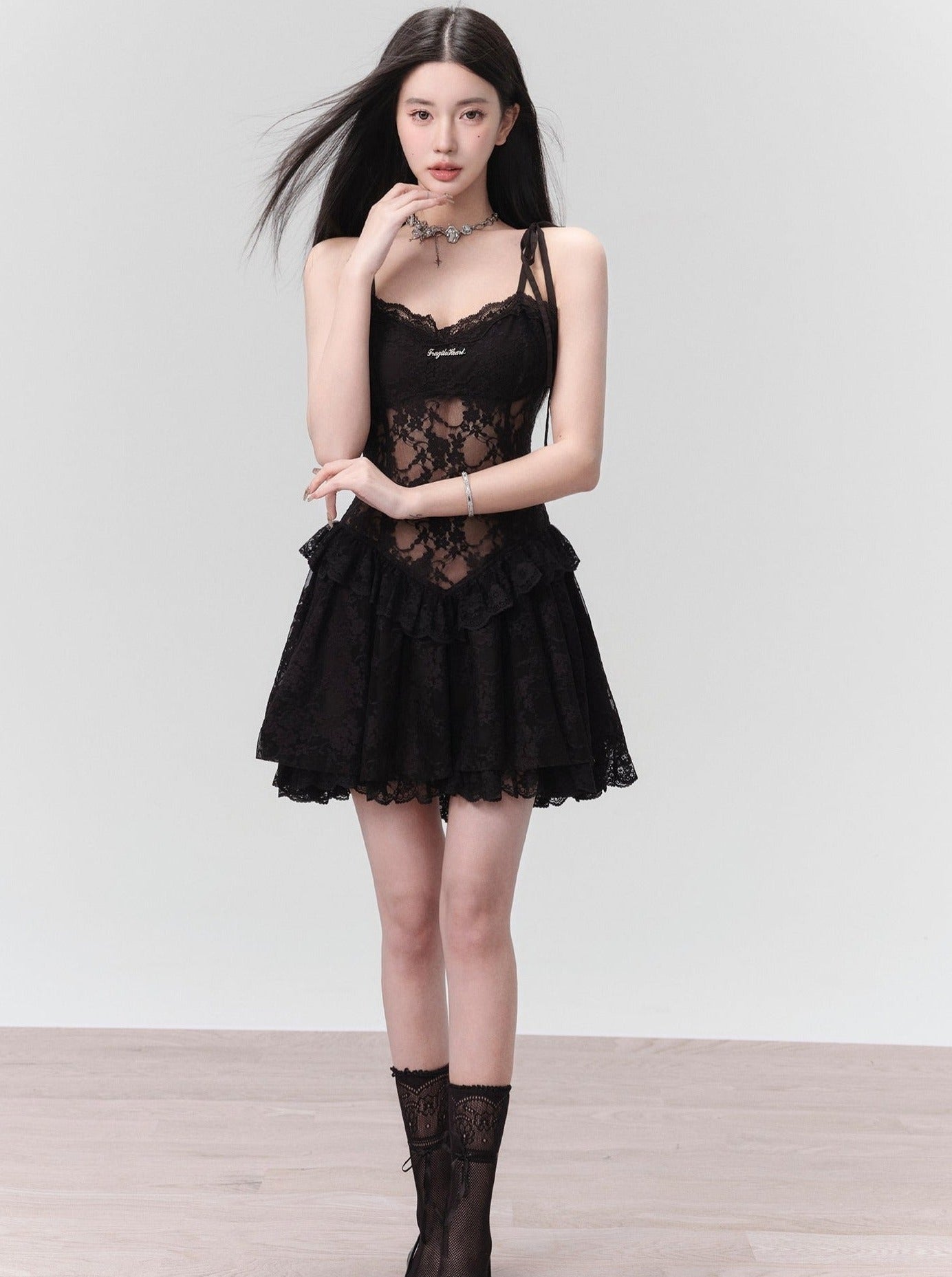 Seductive Black Lace Corset Mini Dress with Tie Straps