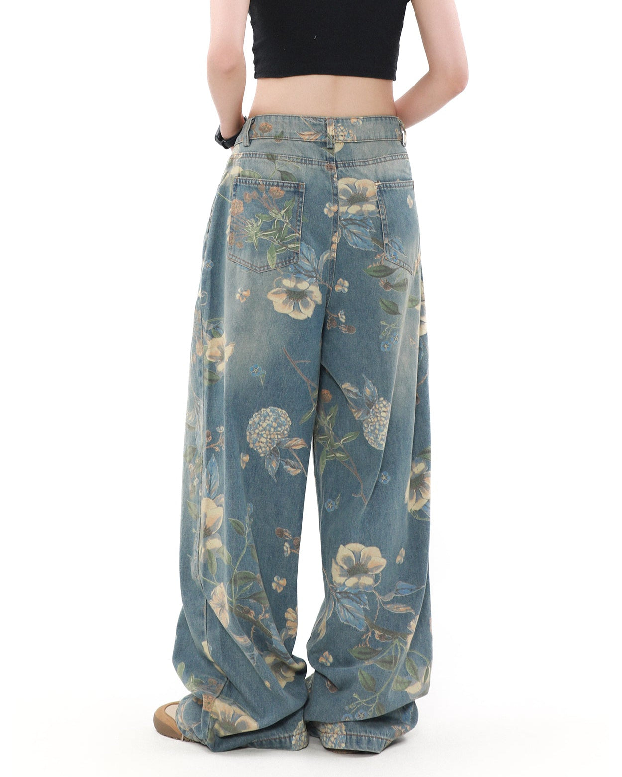 Floral Print Wide Leg Denim Jeans