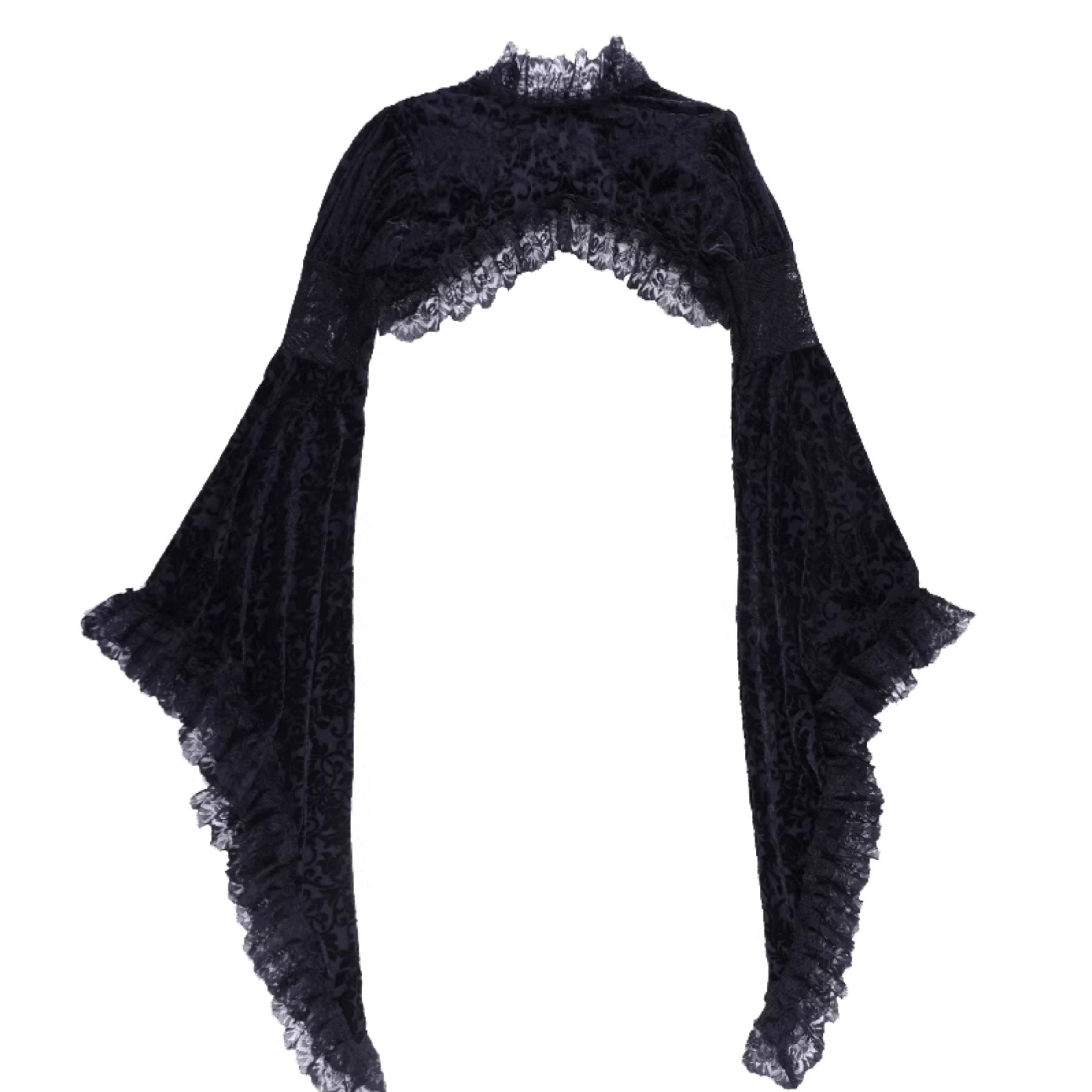 Wannathis Gothic Victorian Velvet Dress Set - Black Lace Bolero Shrug And Long Slit Dress