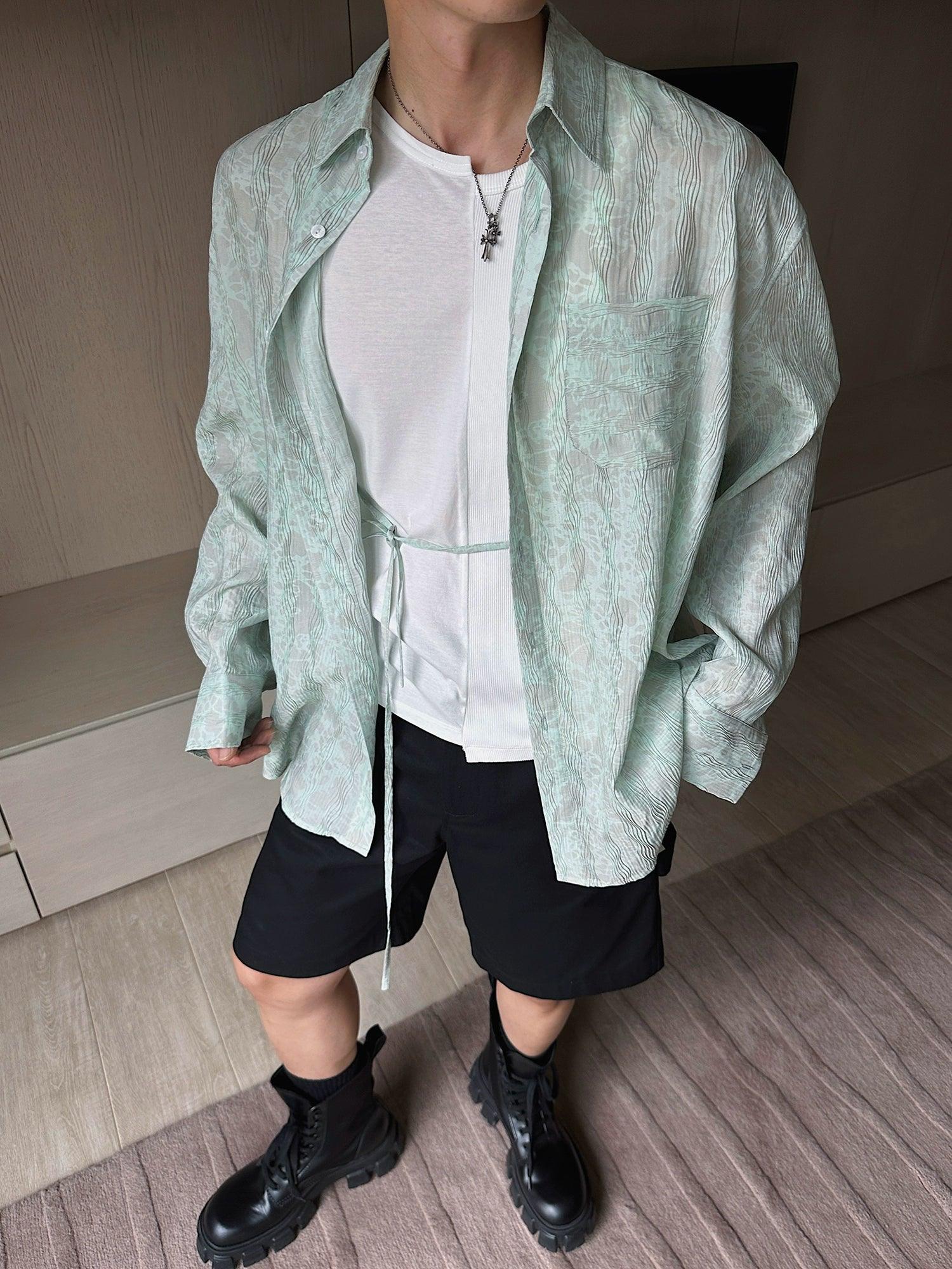 Weave Studio Mint Green Floral Jacquard Oversized Shirt - Long Sleeve Button-Up Blouse