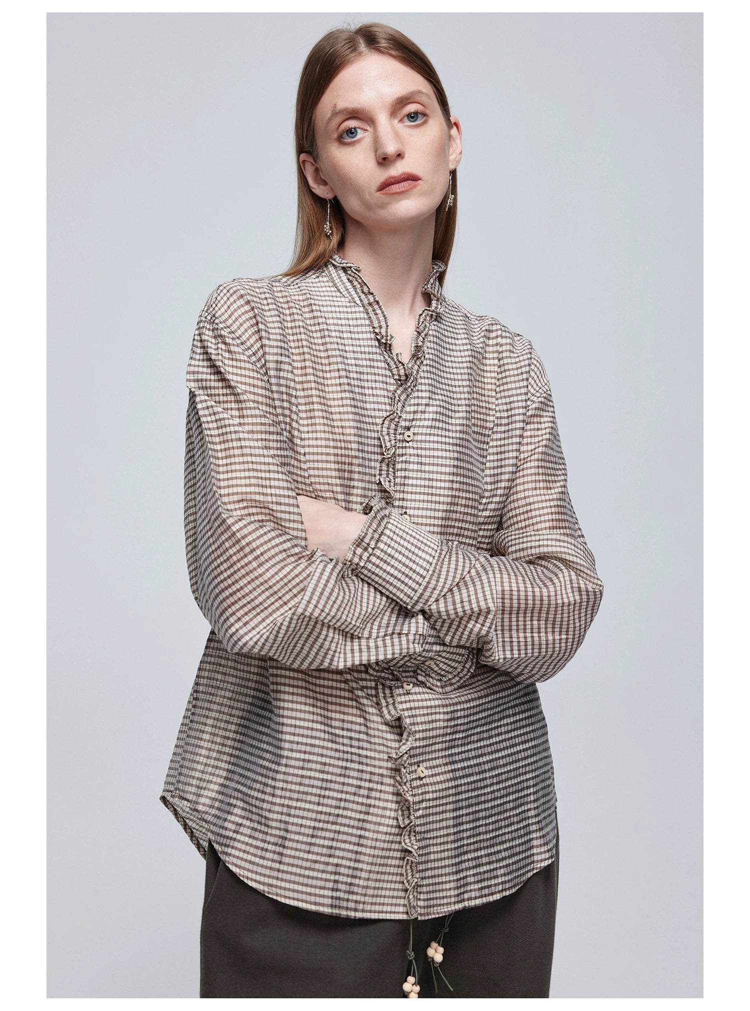 Ruffle-Trim Checked Button-Up Shirt