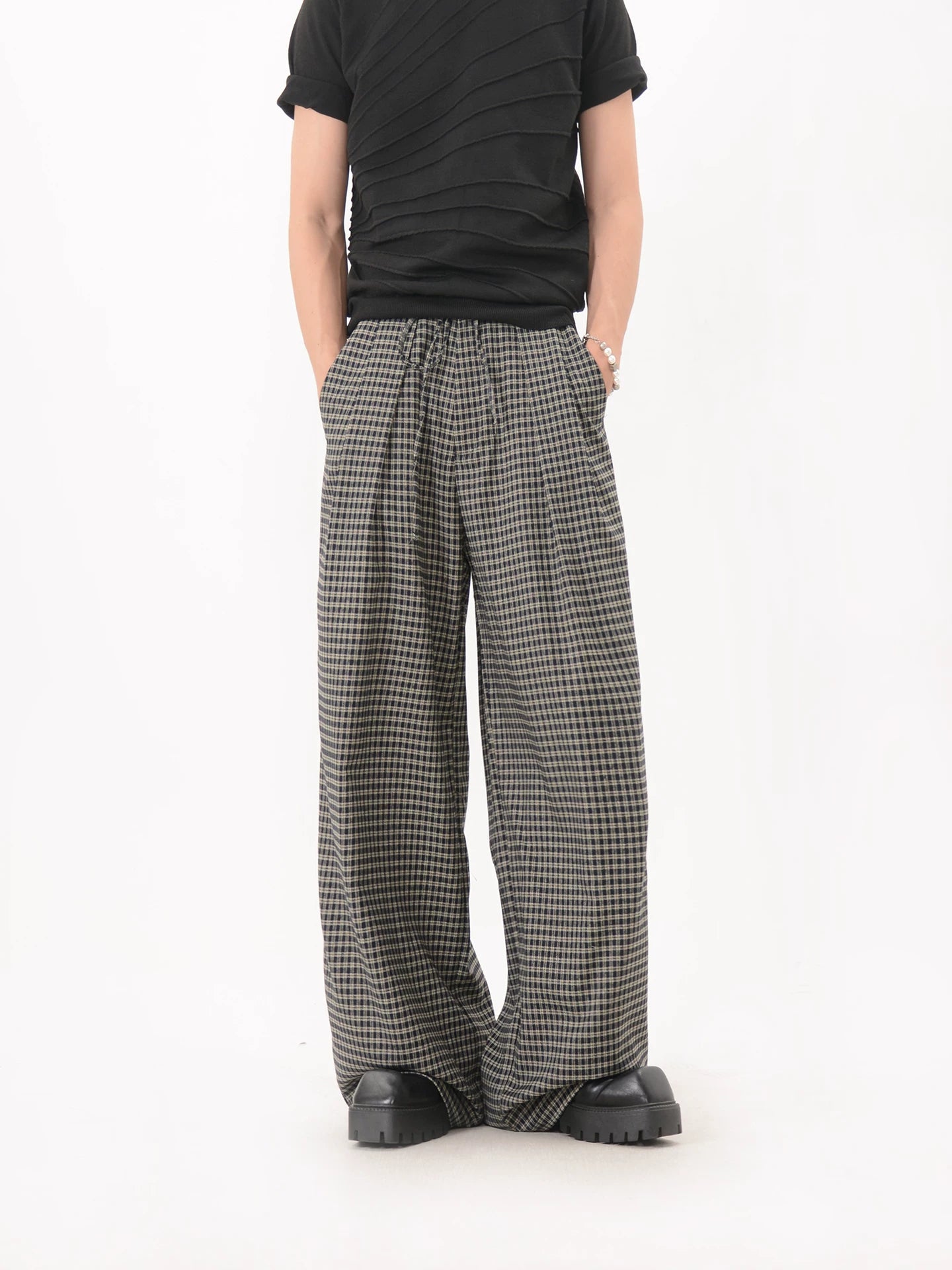 Plaid Pleated Relaxed Wide Leg Pants