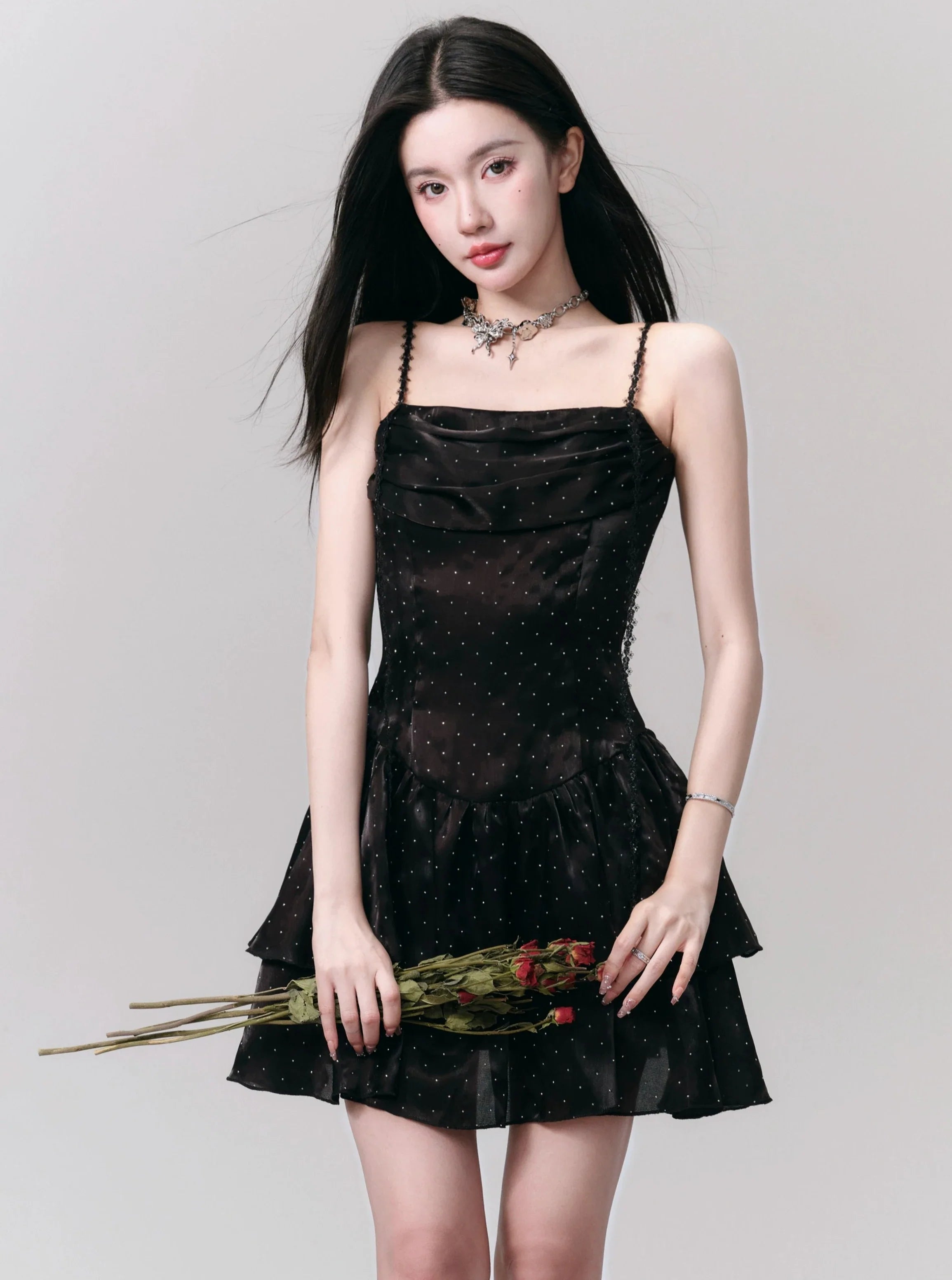 Black Velvet Spaghetti Strap Tiered Mini Dress