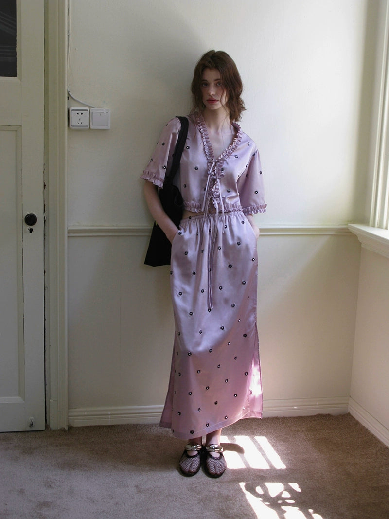Lavender Ruffle Trim Floral Embroidered Blouse and Skirt Setup