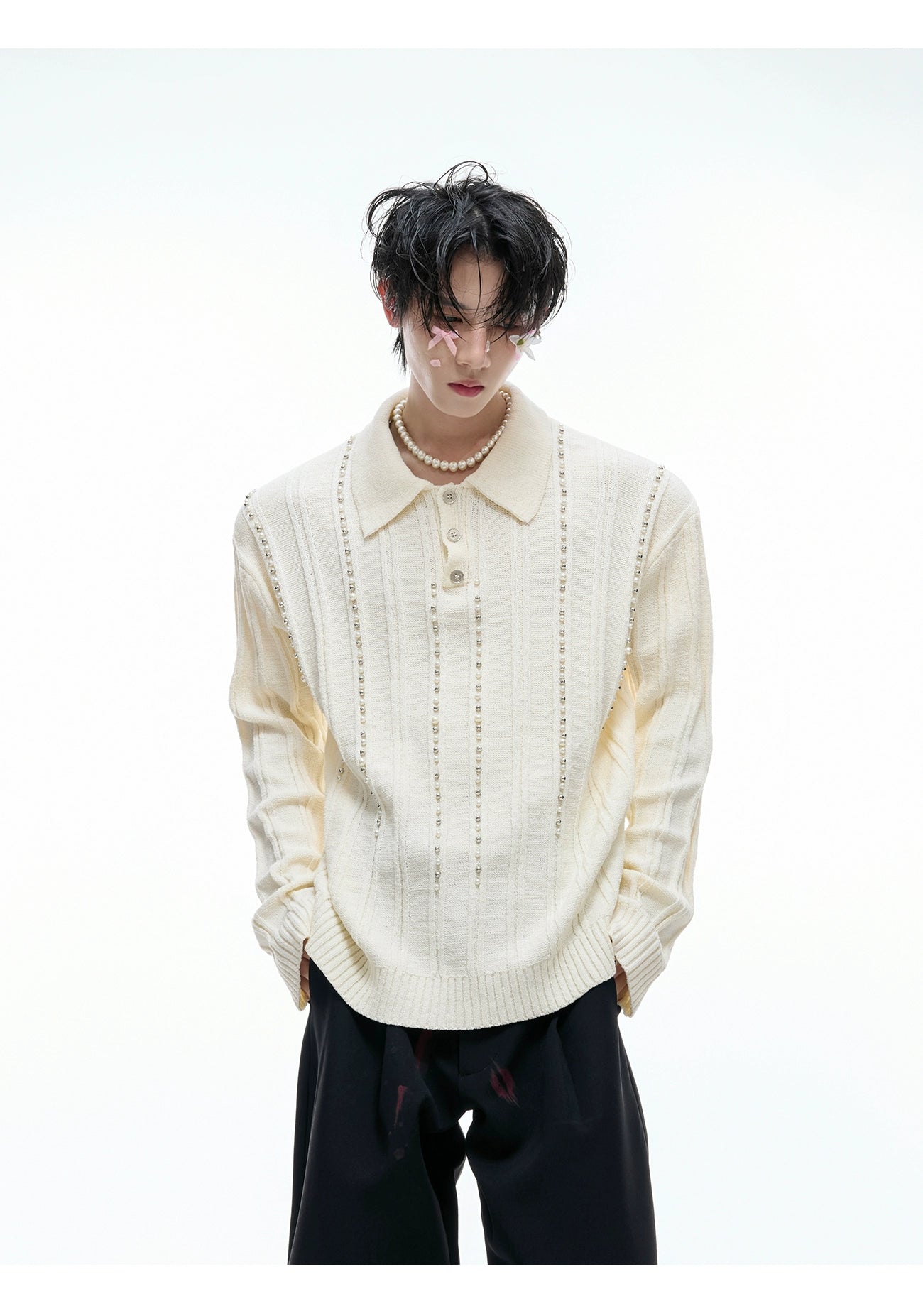 Beaded Knit Polo Sweater