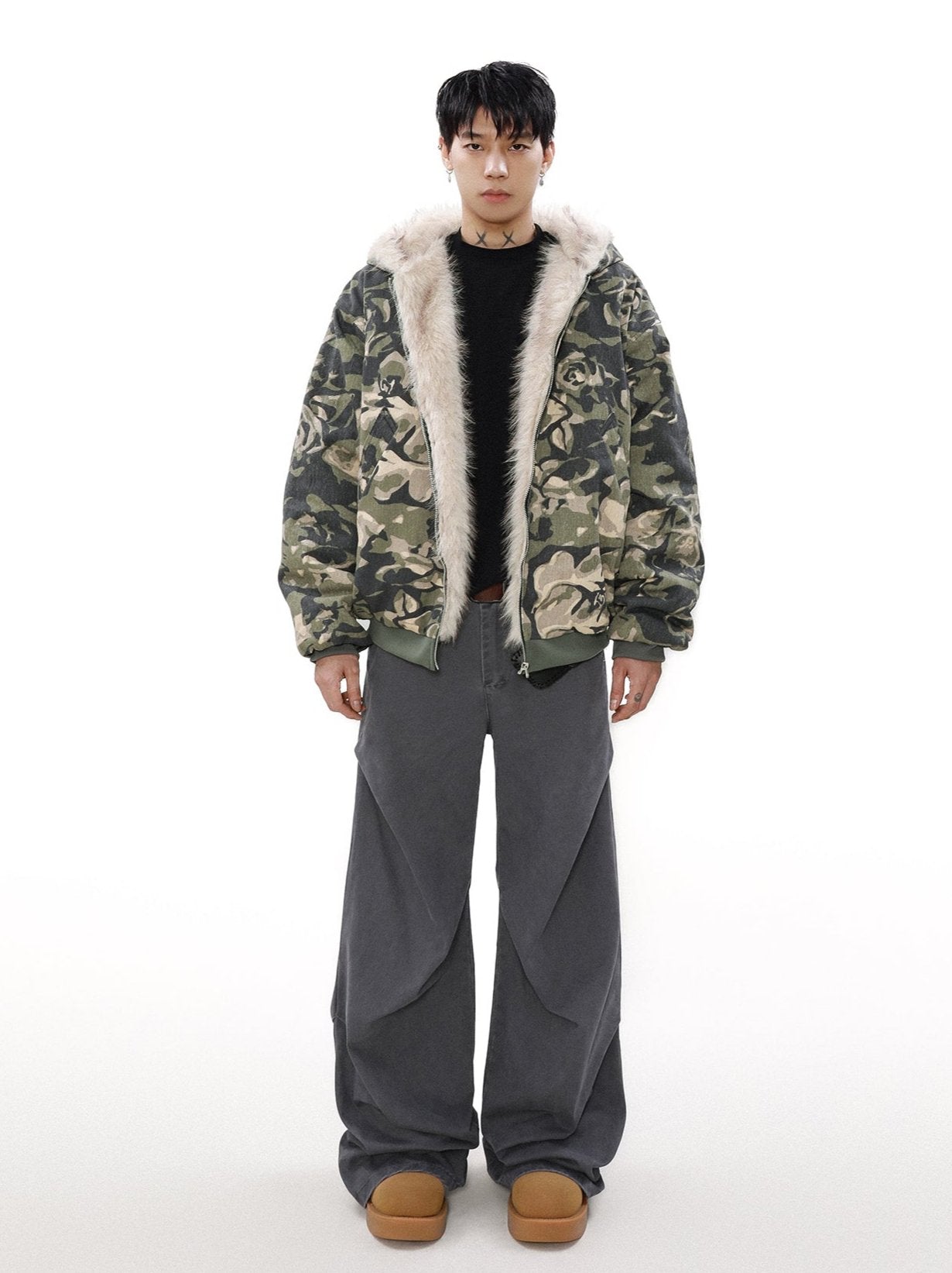 Camouflage Puffer Jacket with Fur-Lined Hood