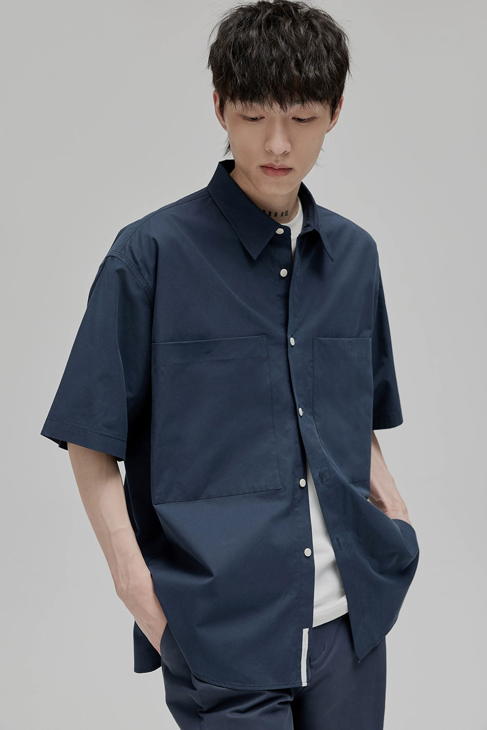 Square Collar Patch Pocket Short Sleeve Shirt