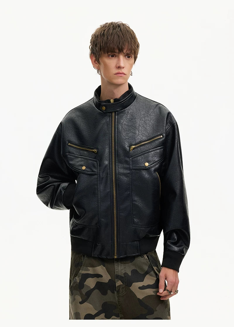 Retro Moto Zip Faux‑Leather Jacket