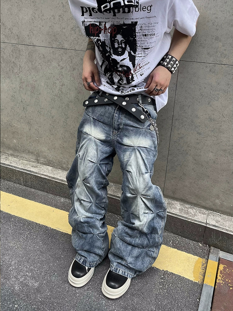 Wrinkle Design 3D Geometric Washed Jeans