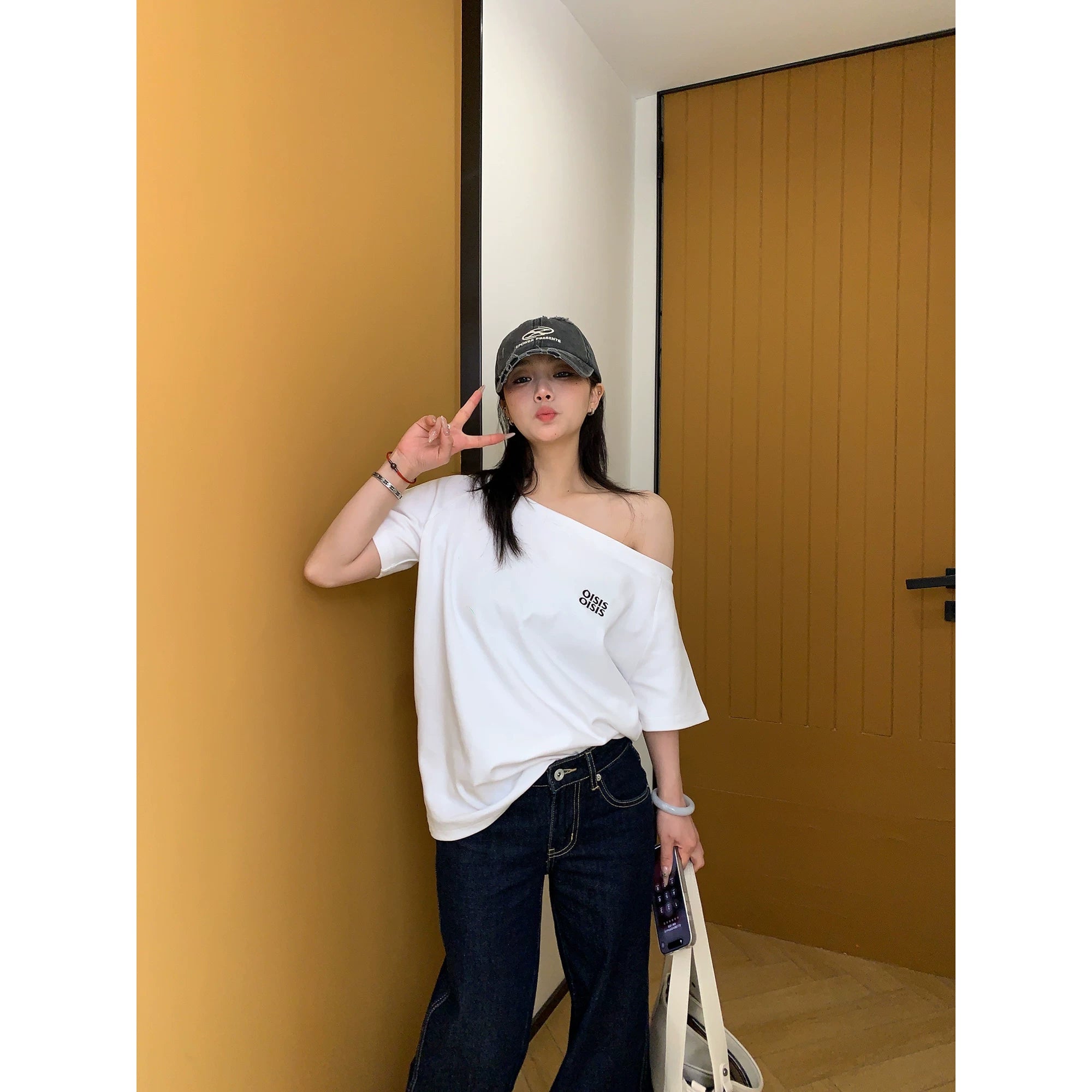 Ash Off-Shoulder Logo Tee