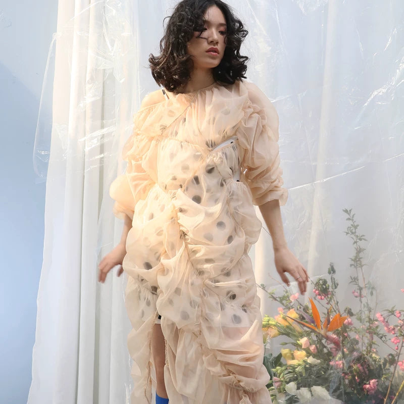 Blush Sheer Ruffle Gathered Dress