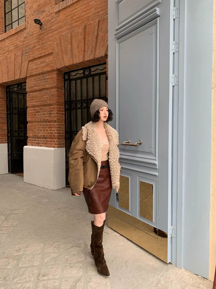 Khaki Aviator Jacket with Shearling Collar