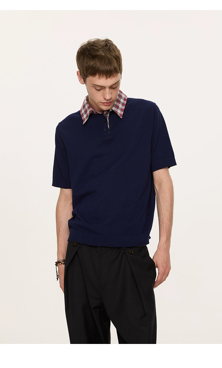 Contrast Plaid Collar Knit Polo Shirt