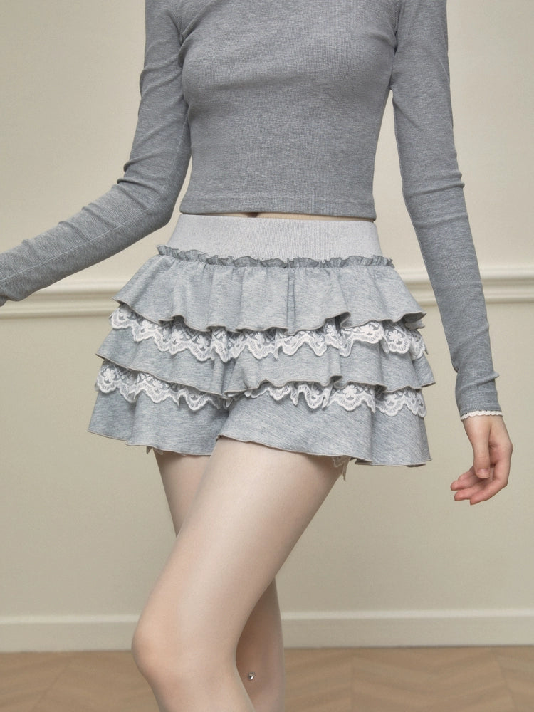 Lace Trim Tiered Ruffle Skort