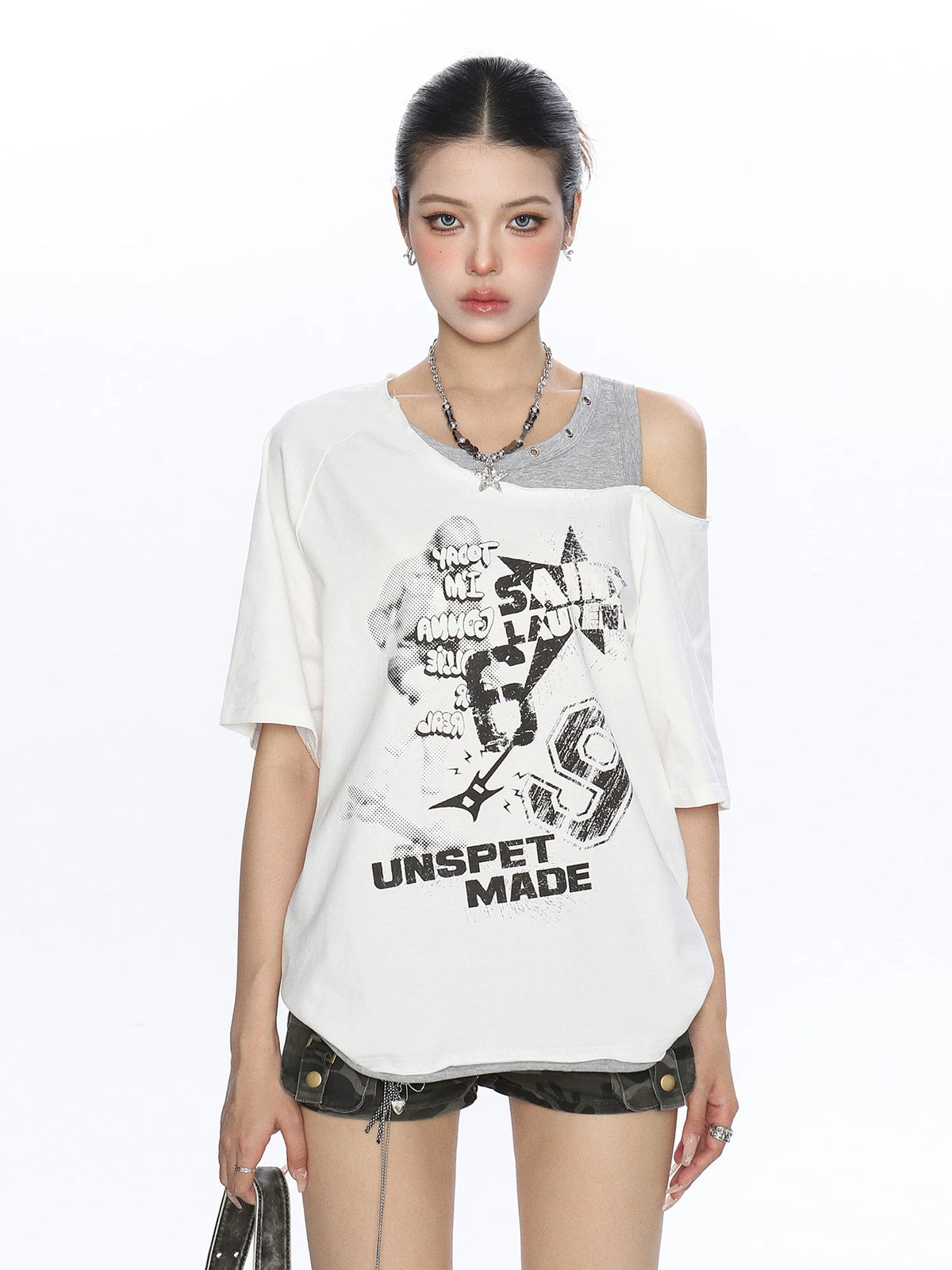 Rebel Static Layered Off-Shoulder Graphic Tee