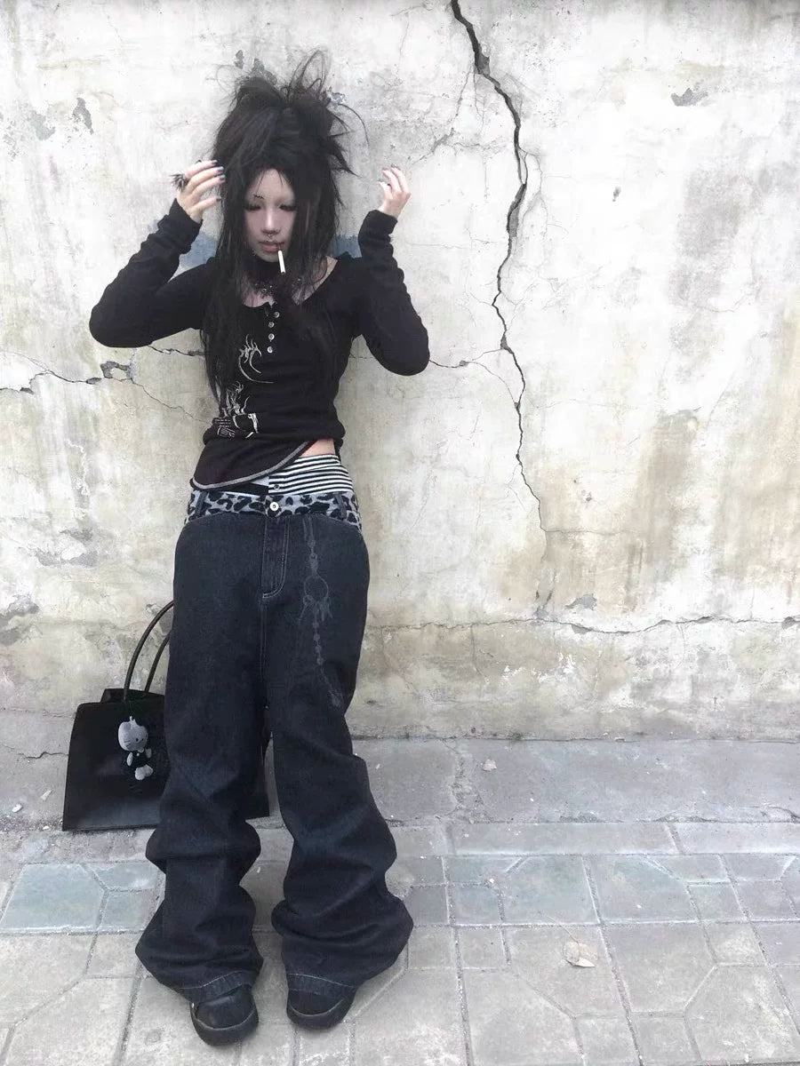 Leopard Waistband Chain Baggy Jeans