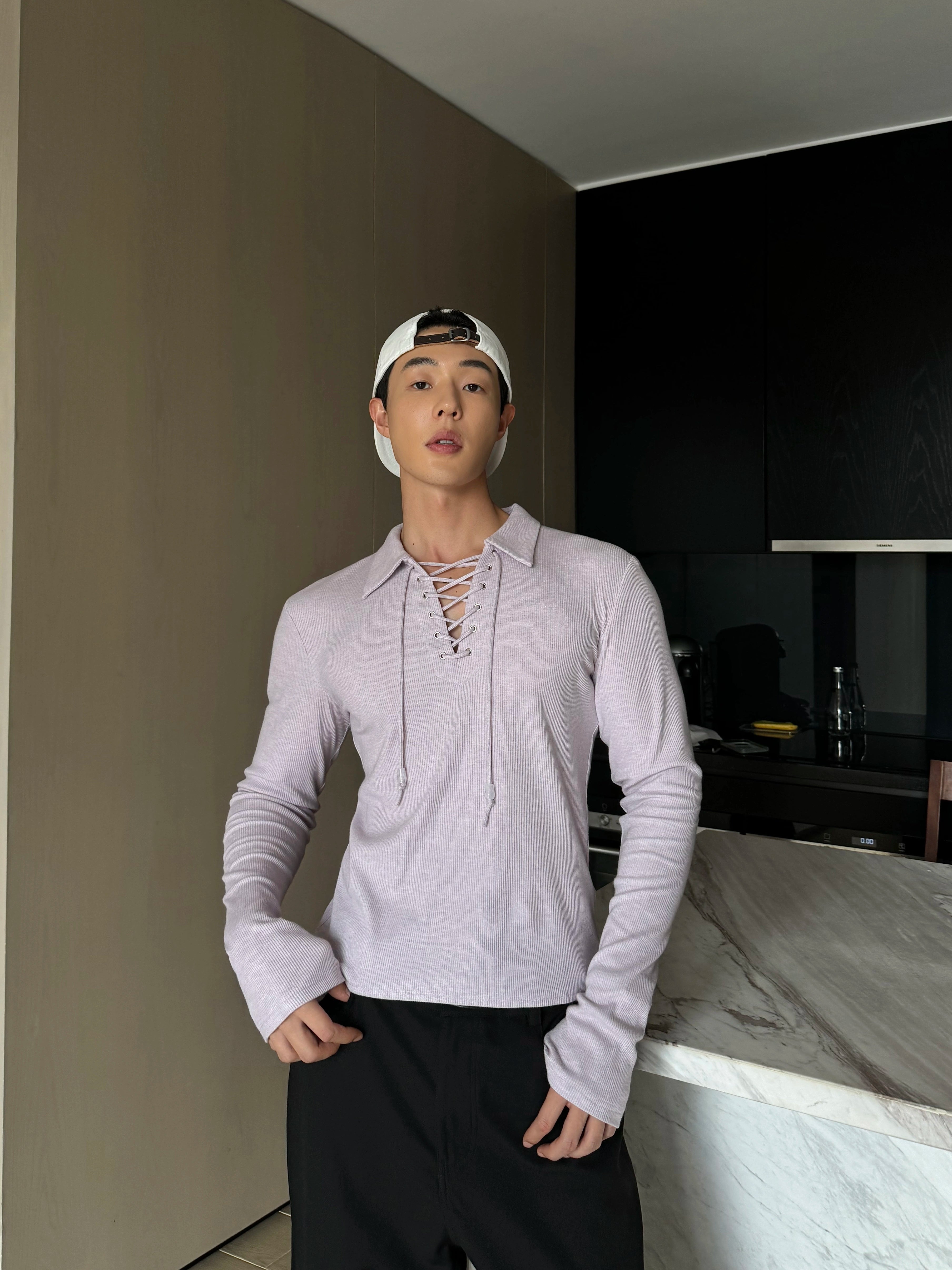 Black Lace-Up Henley Long Sleeve Shirt