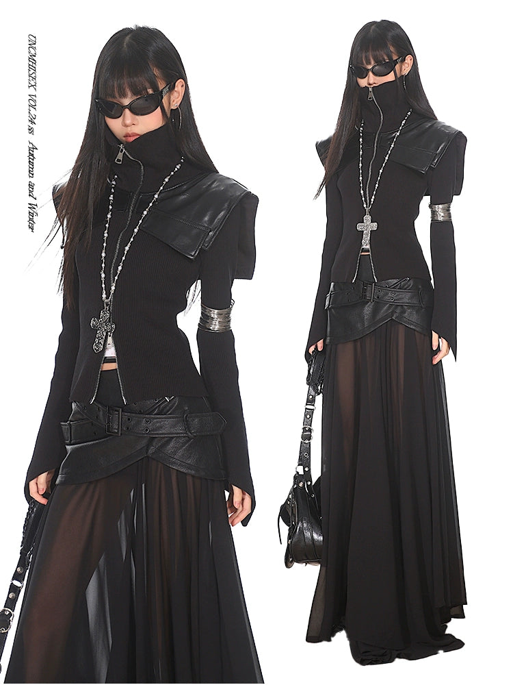 Midnight Valkyrie - Gothic High-Collar Military Jacket & Skirt Set