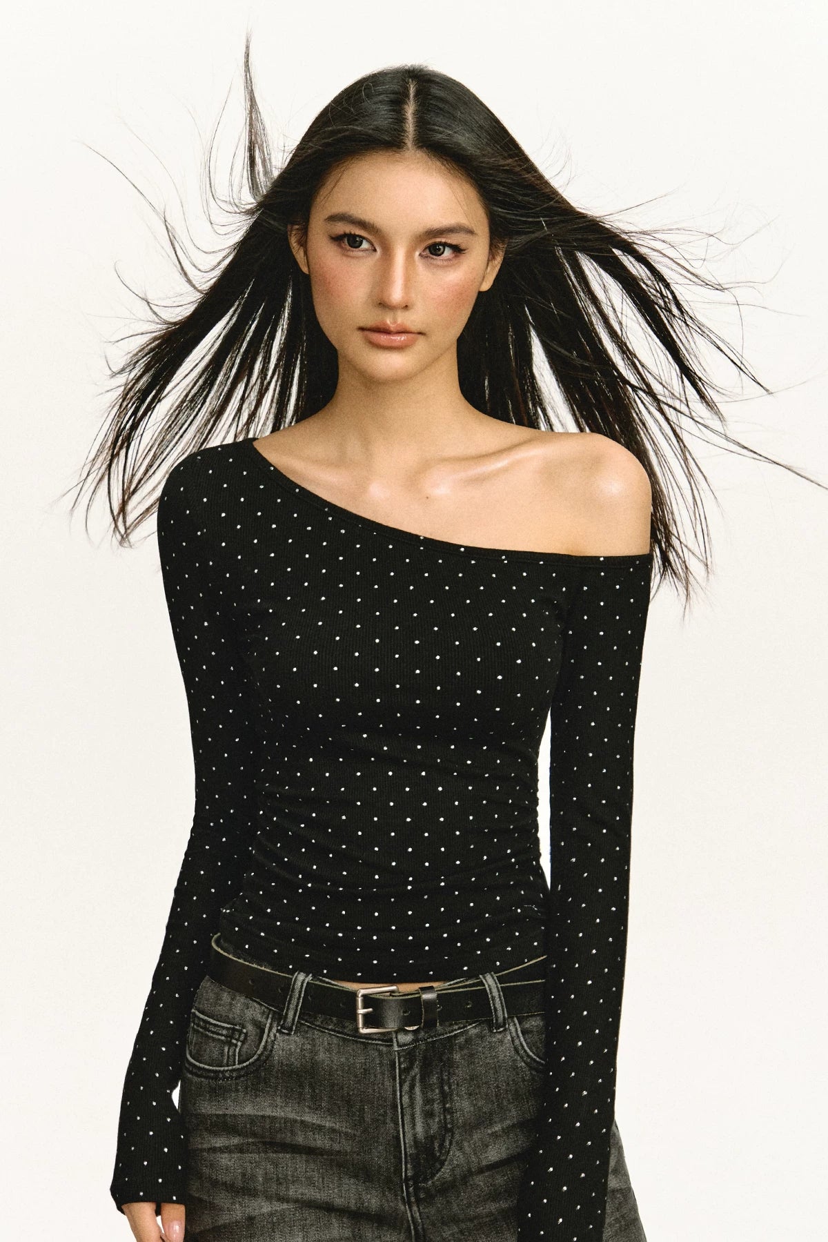 Off-Shoulder Ruched Long-Sleeve Top