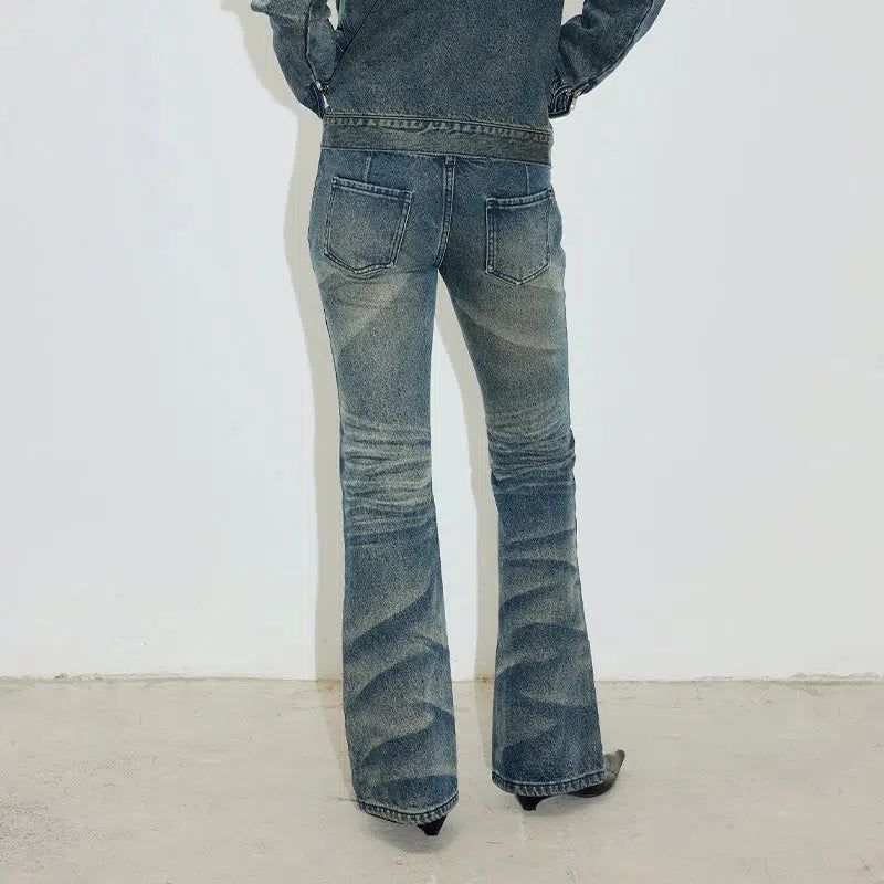 Vintage-Inspired Whiskers Detail Bootcut Jeans - chiclara