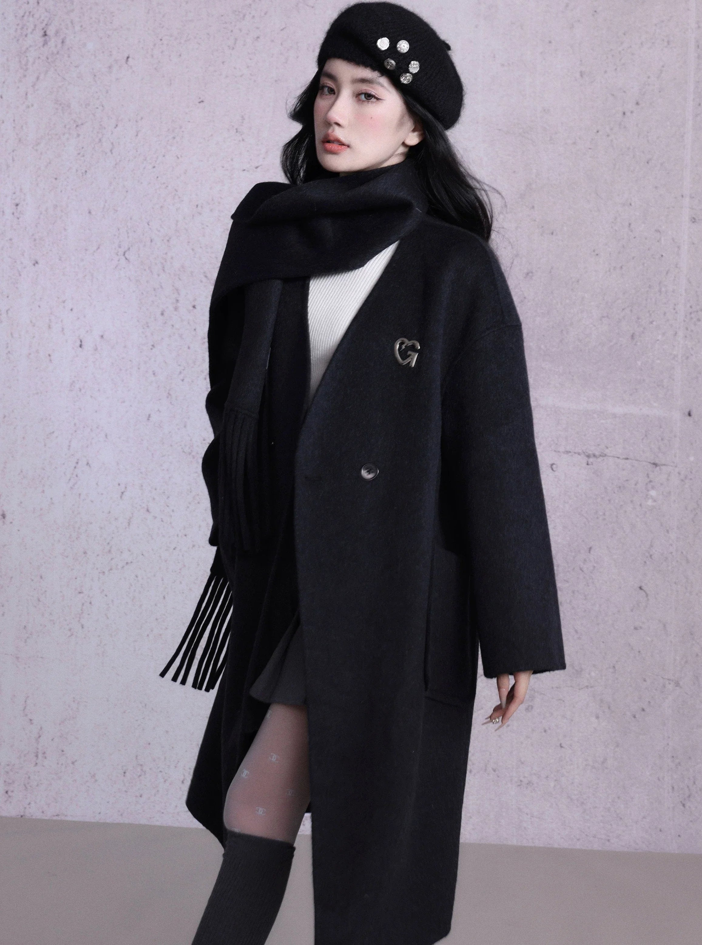 Luxe Double-Breasted Wool Coat Set: Oversized Longline Jacket with Matching Fringed Scarf