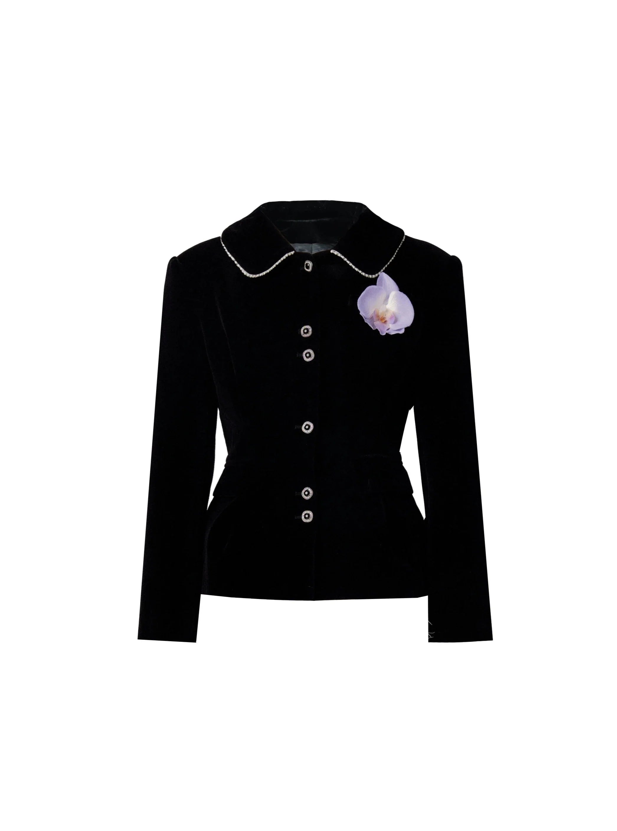 Elegant Black Fitted Blazer with Floral Brooch