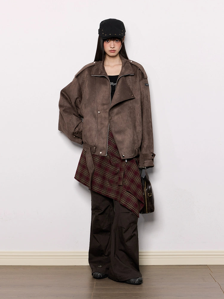 Oversized Faux Suede Brown Moto Jacket