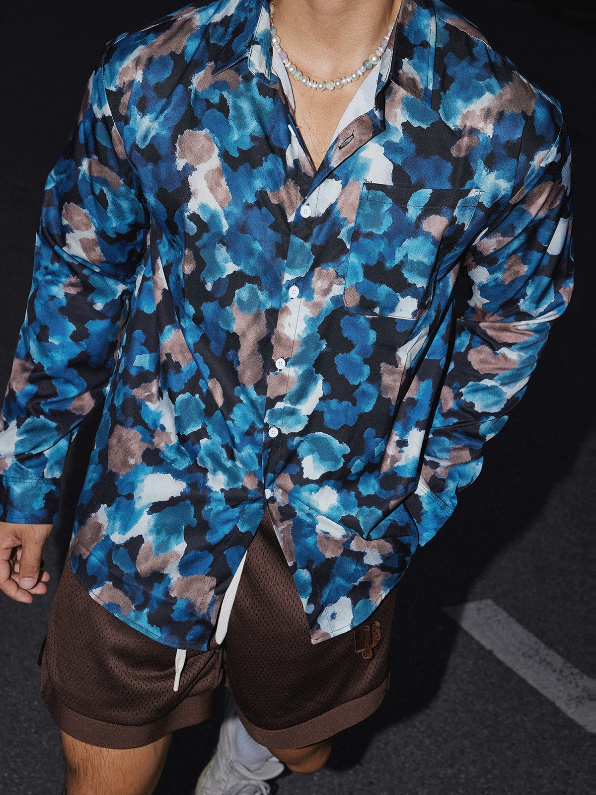 Blue Abstract Floral Print Button-Up Shirt