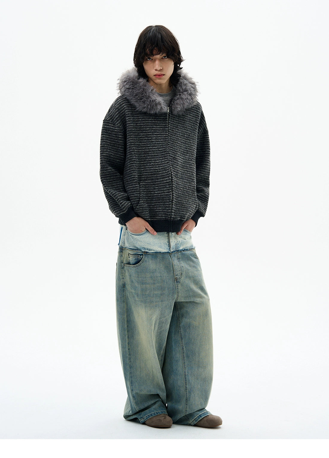 Striped Faux Fur Collar Zip Hoodie