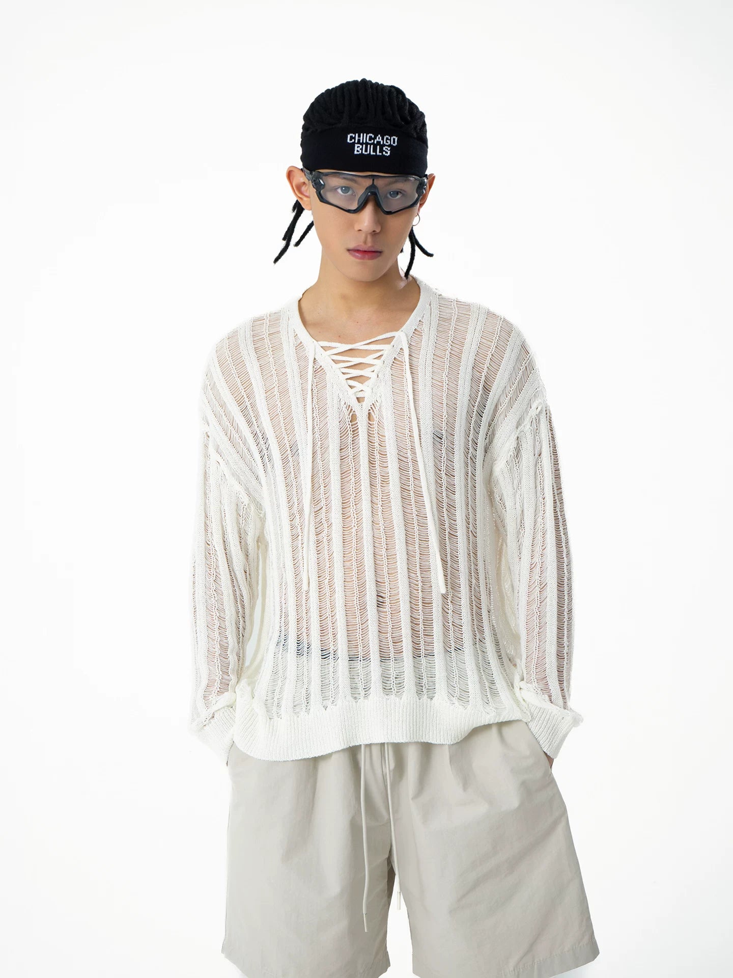 Mesh Rift Lace-Up Sheer Knit Sweater