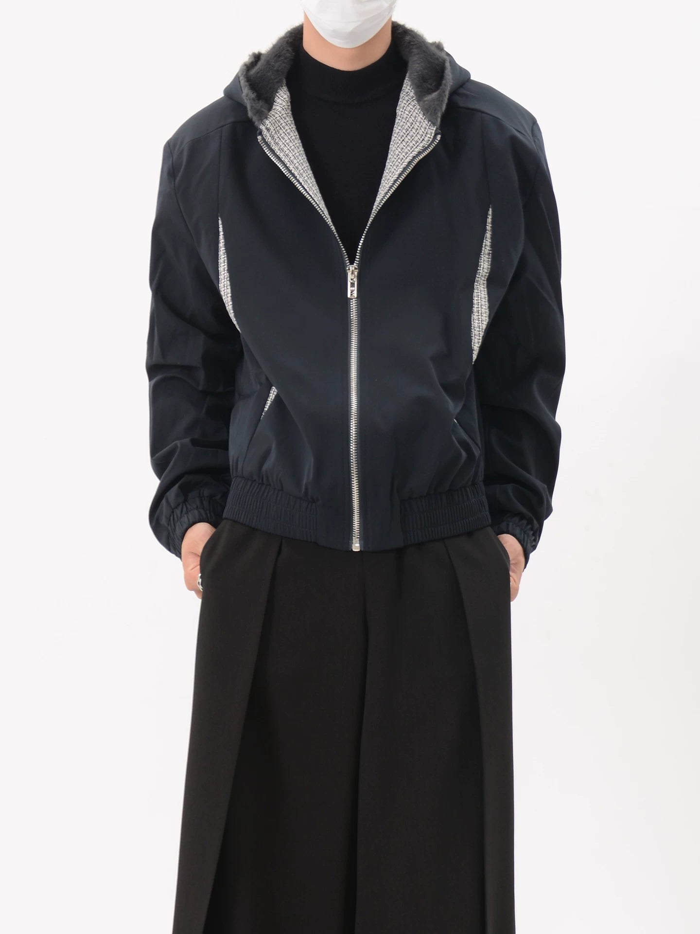 Contrast-Panel Faux Fur-Lined Hooded Bomber Jacket