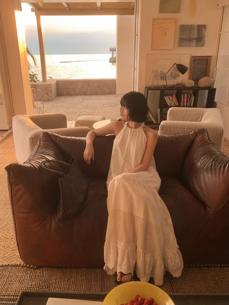 Bohemian White Eyelet Halter Maxi Dress