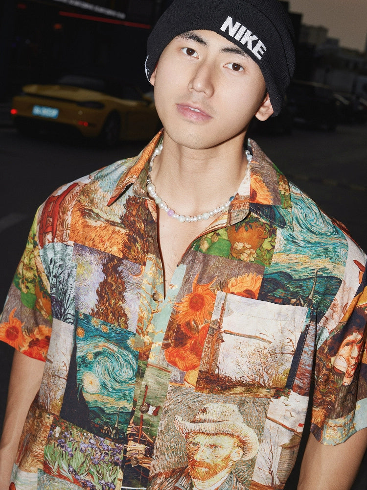 Van Gogh Print Short-Sleeve Button-Up Shirt