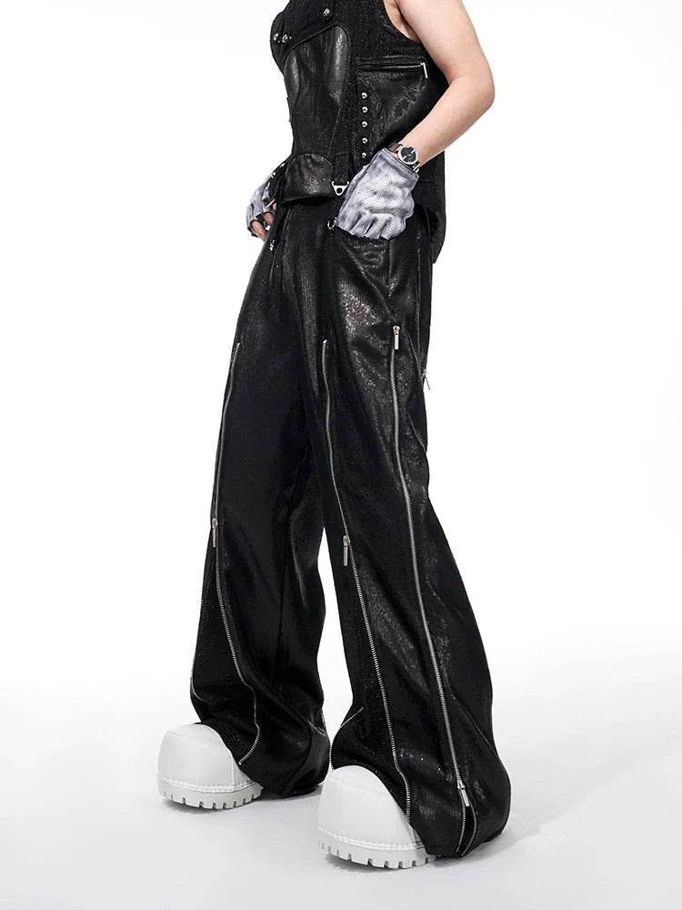 Punk Studded Utility Vest & Sequin Wide Leg Pants Setup