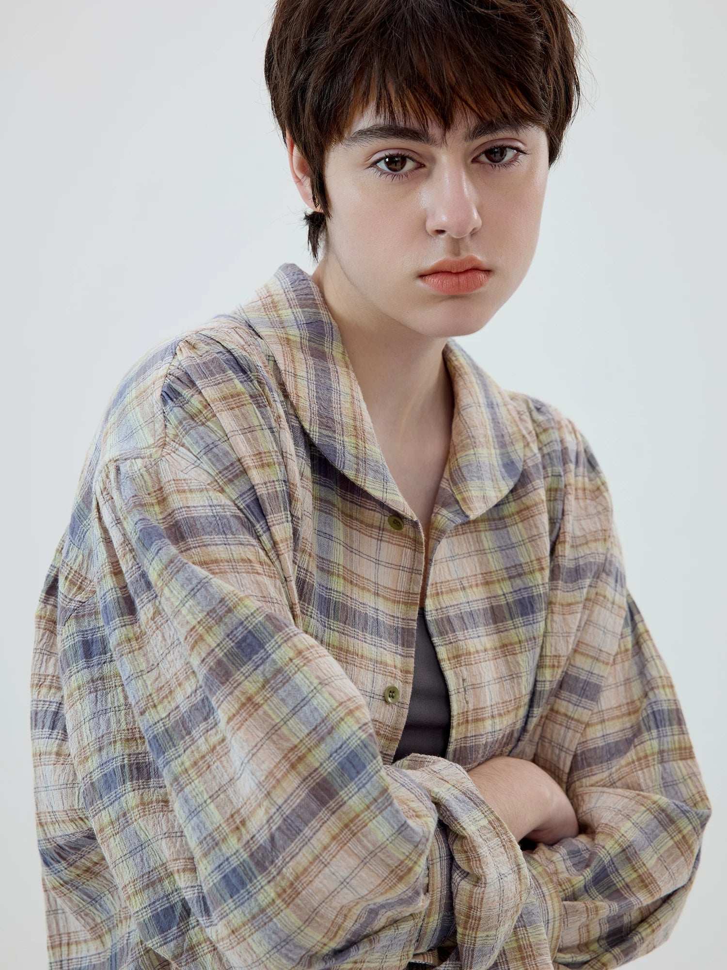 Oversized Pastel Plaid Button-Up Shirt