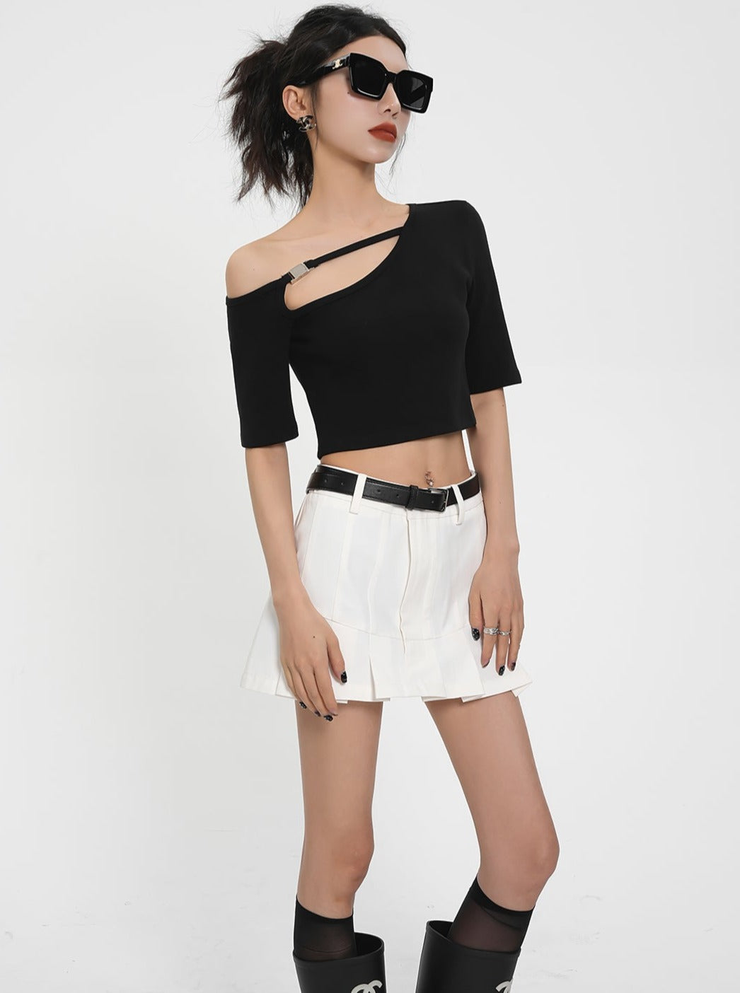 Asymmetric Cut-Out Crop Top - Ribbed Short Sleeve Fitted Tee