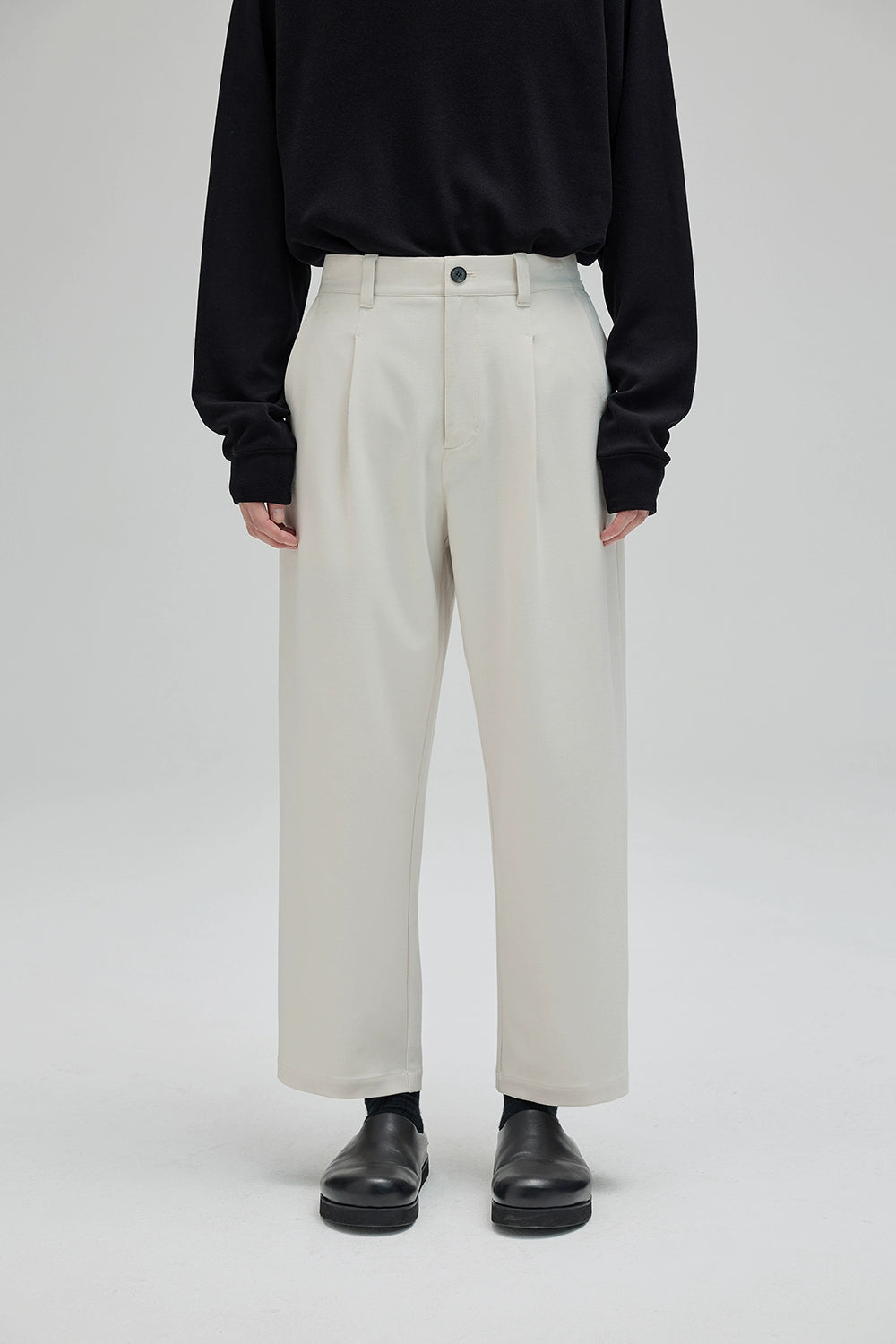 Semi-Elastic Waist Wide-Leg Straight Cropped Pants