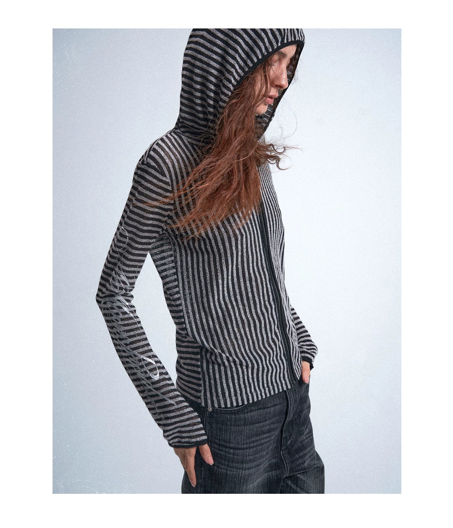 Silver Static Irregular Stripe Hooded Cover-Up Shirt