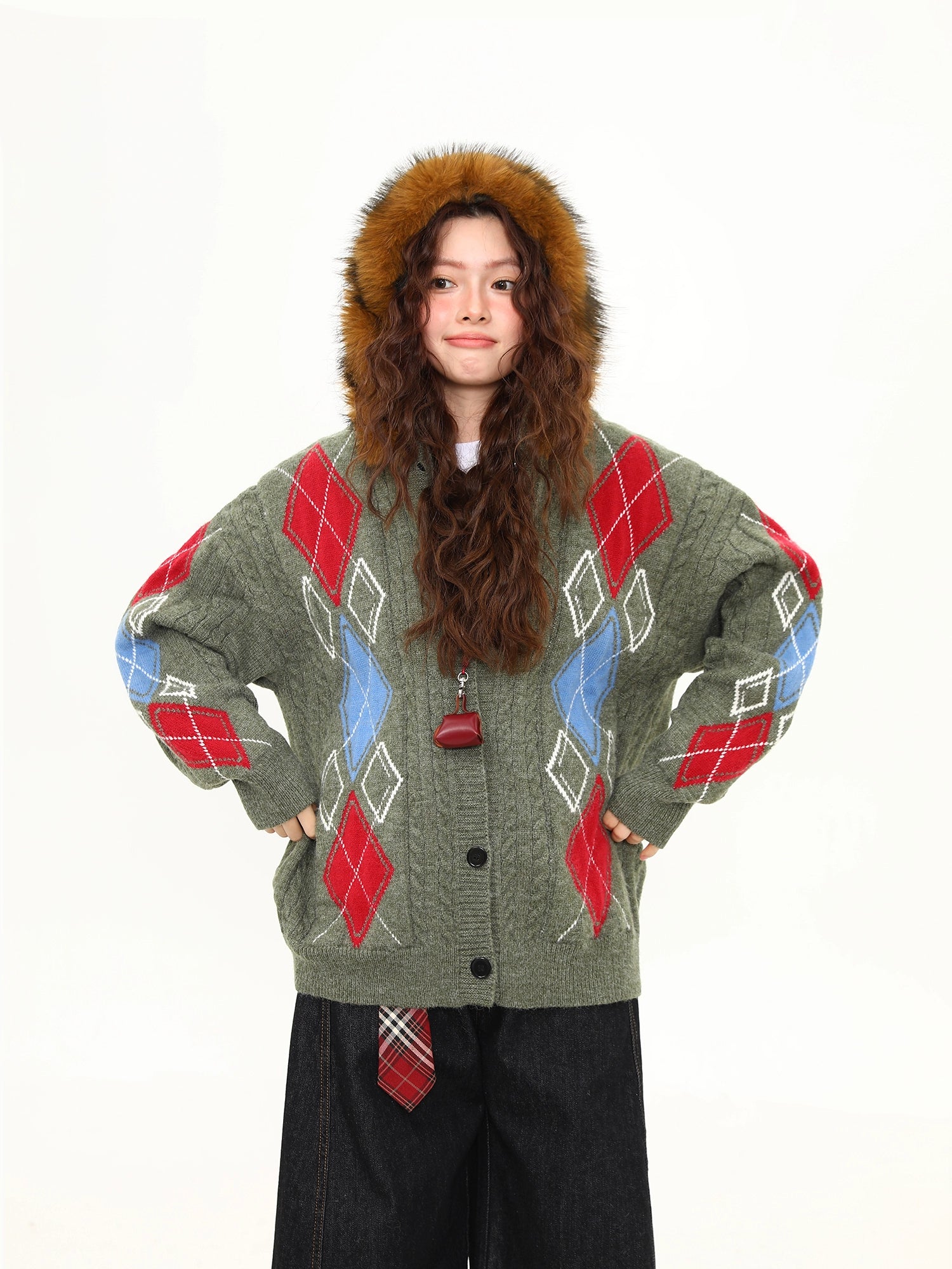 Frosty Argyle Faux-Fur Hood Cardigan