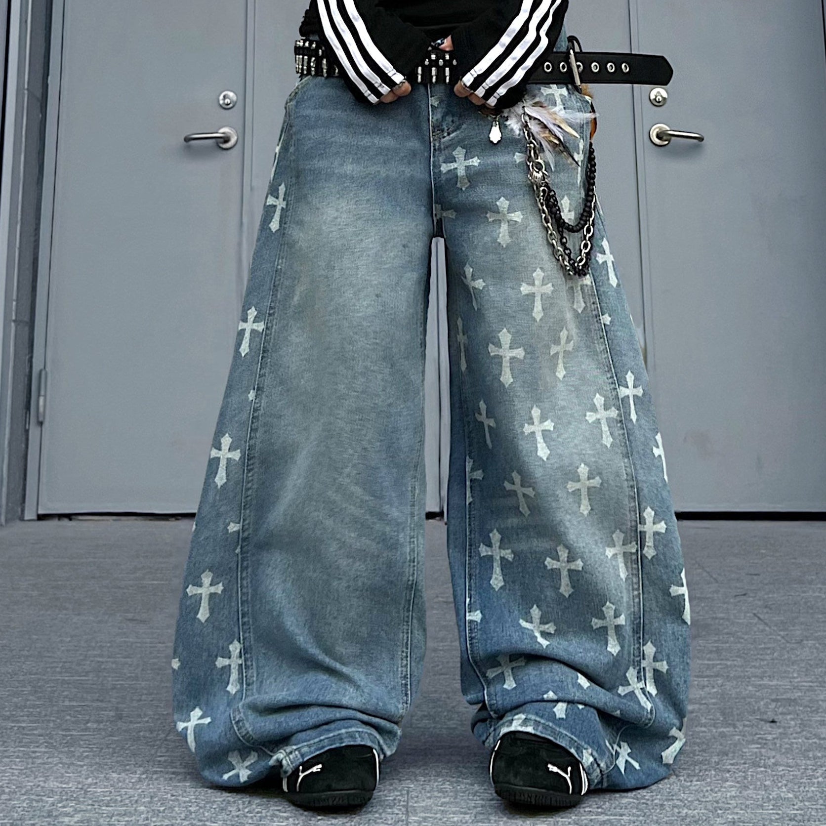 Men's Cross-Print Washed Curved Draped Wide-Leg Jeans