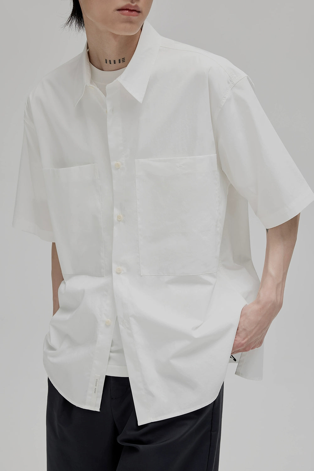 Square Collar Patch Pocket Short Sleeve Shirt