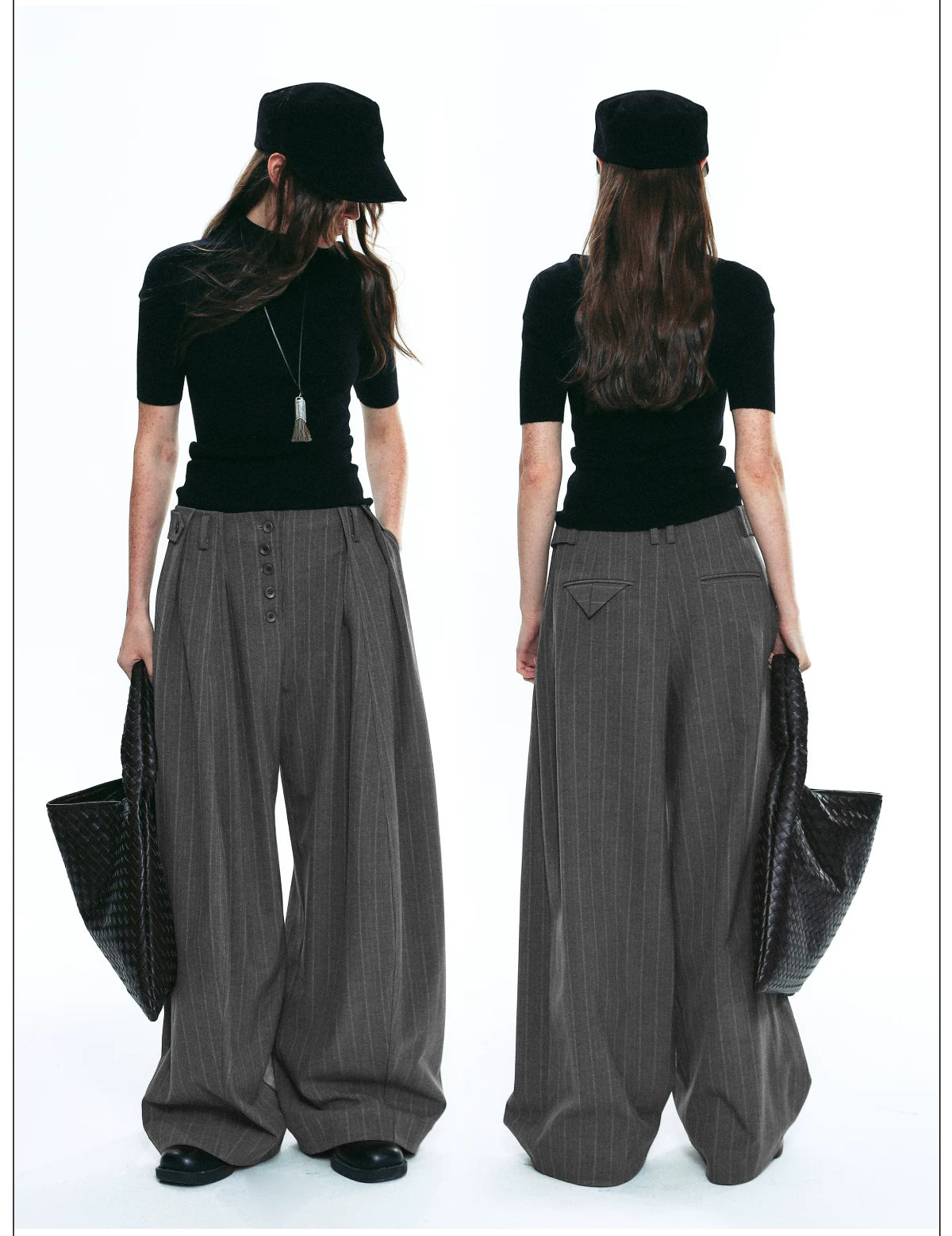 Exposed Button Pinstripe Wide Trousers