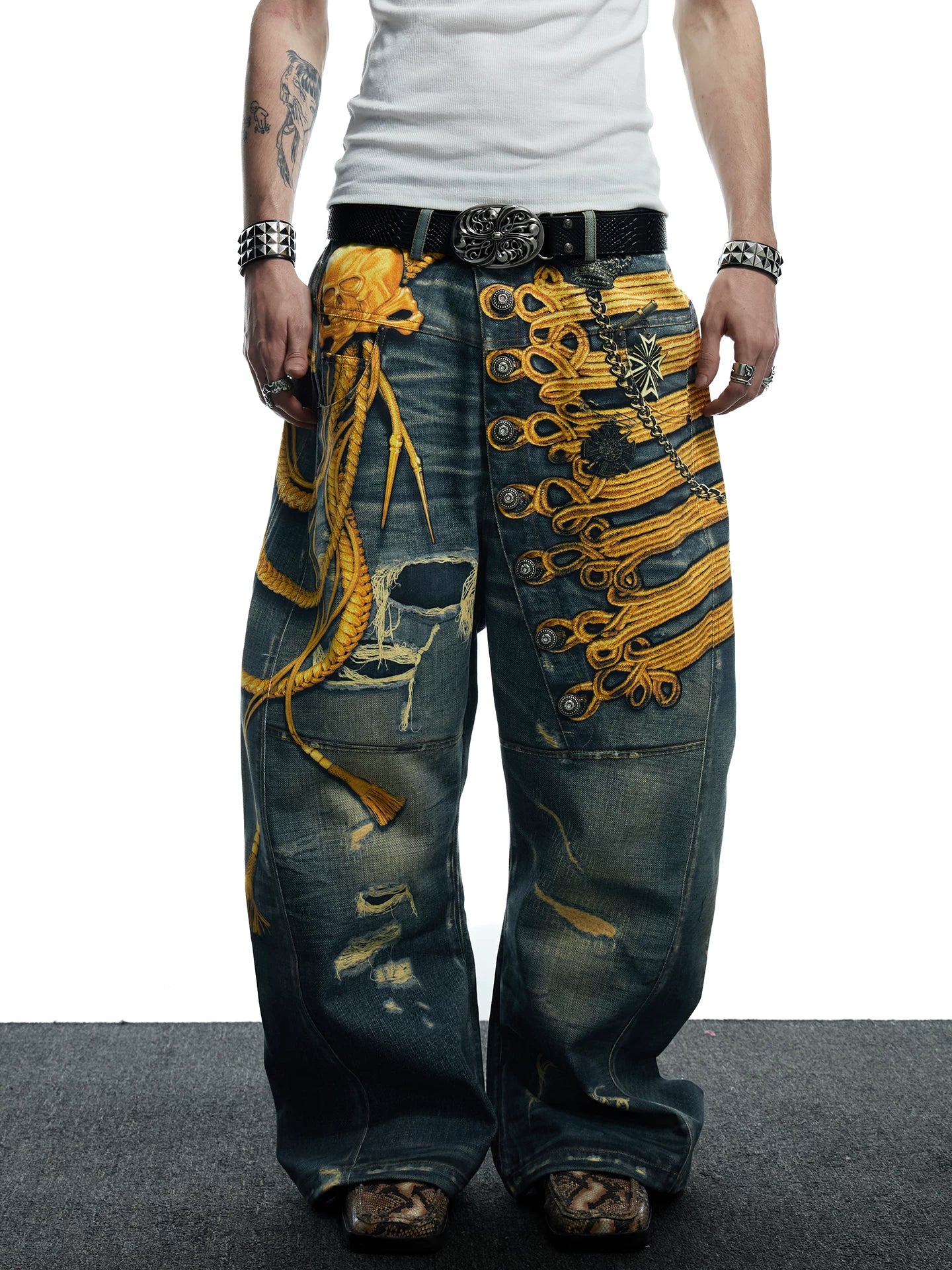Baroque Military Embroidered Distressed Wide-Leg Jeans