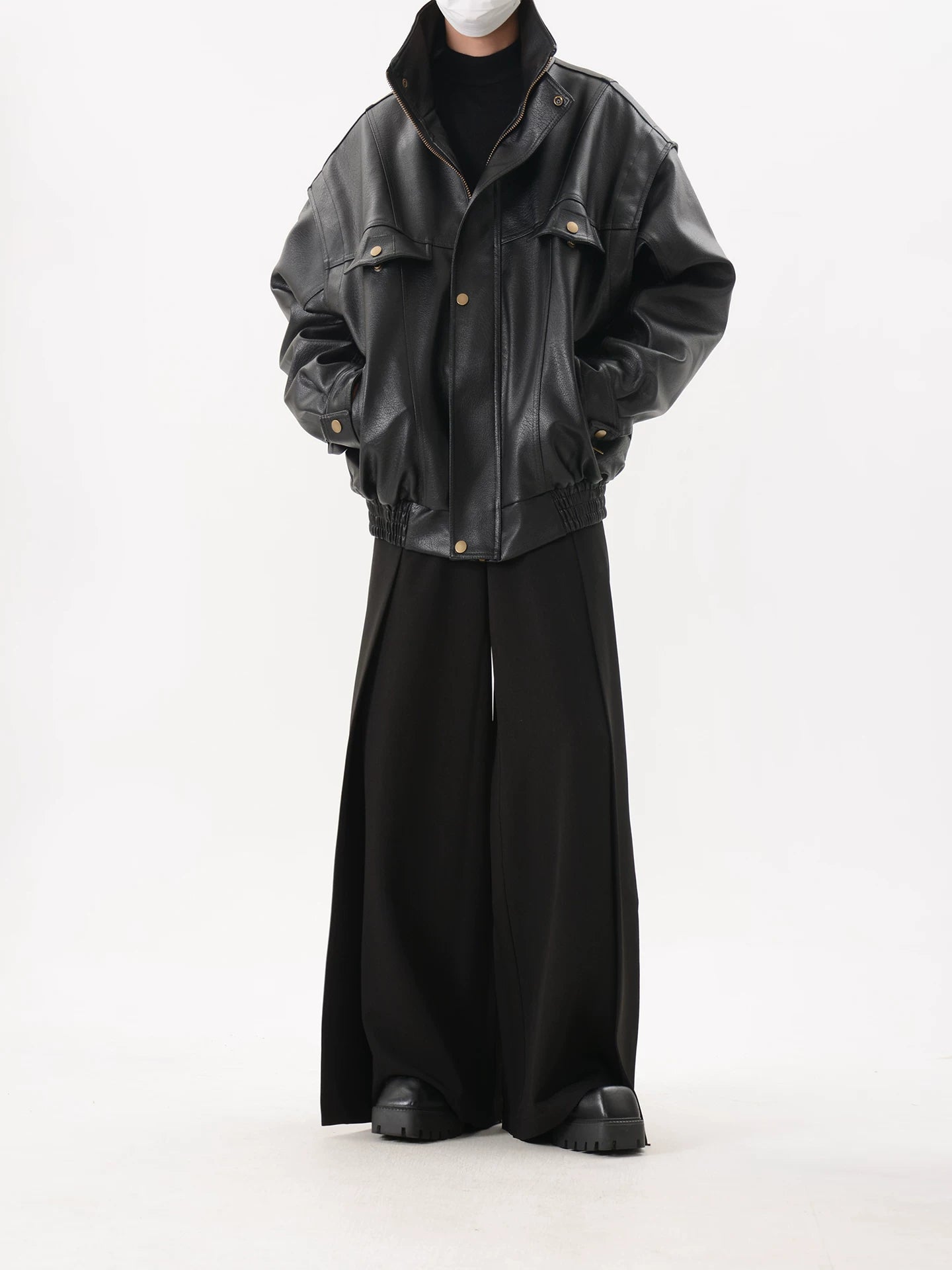 Black Oversized Faux Leather Utility Bomber Jacket